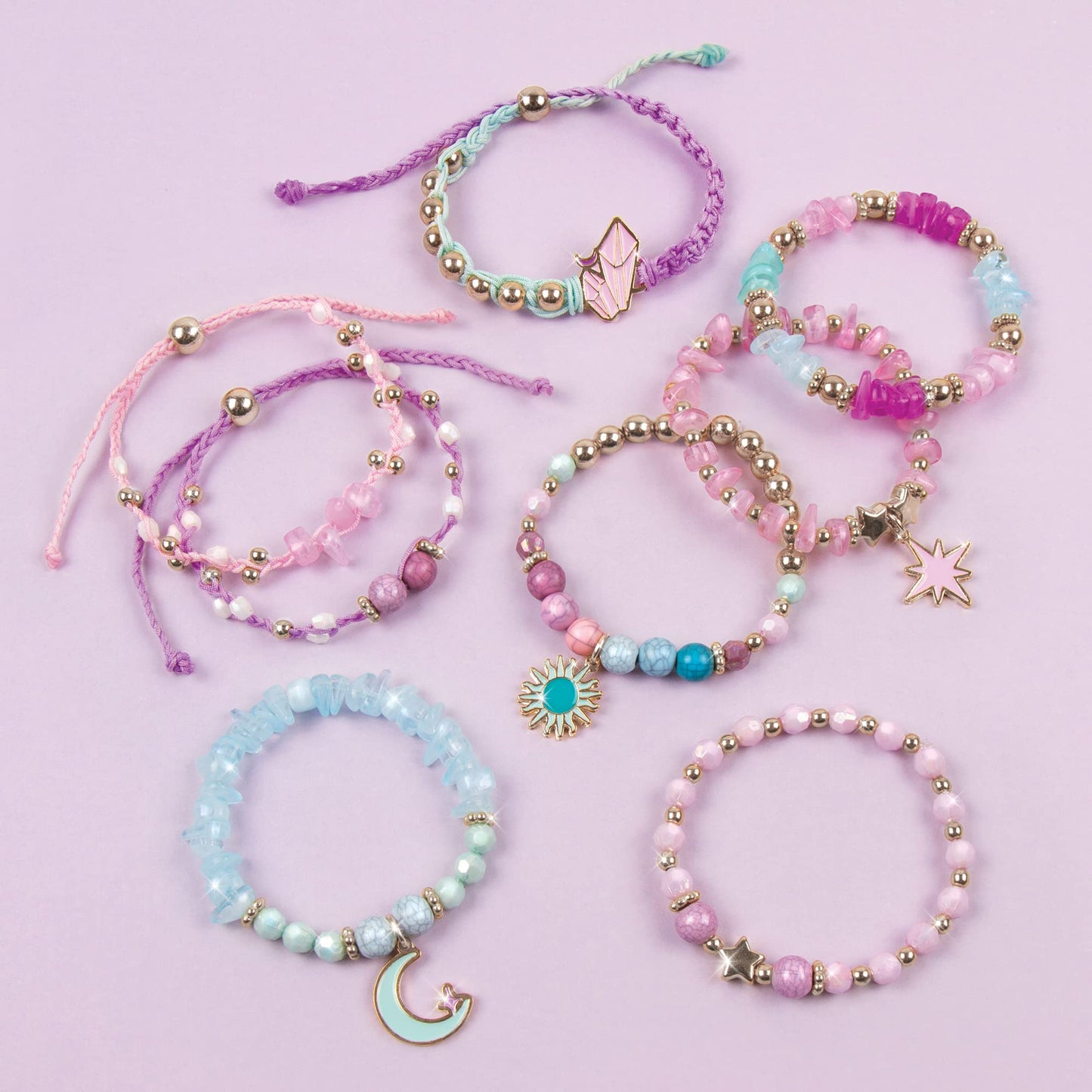 Make It Real: Celestial Stones Bracelets Kit - Create 8 Fashionable Bracelets, 4 Celestial Charms, 270 Pieces, Includes Play Tray, All-In-One, DIY