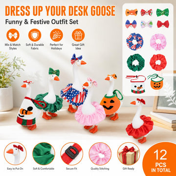 12 PCS Desk Goose Outfits, 7 Inch Holiday Mini Porch Goose Outfits Cute Dresses Bows Funny Desktop Goose Clothes Costume Small Goose Outfit