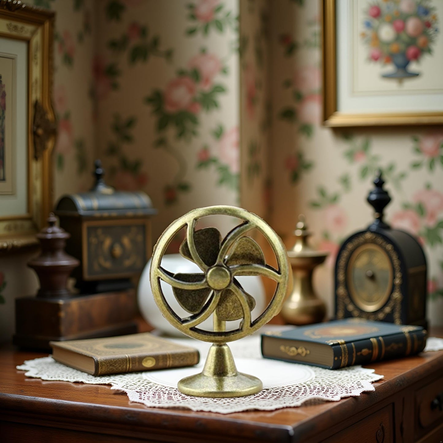 Brass Table Fan Dollhouse Decoration Accessories, 1:12 Dollhouse Miniature Scene Model Table Fan (30 x 43 mm)