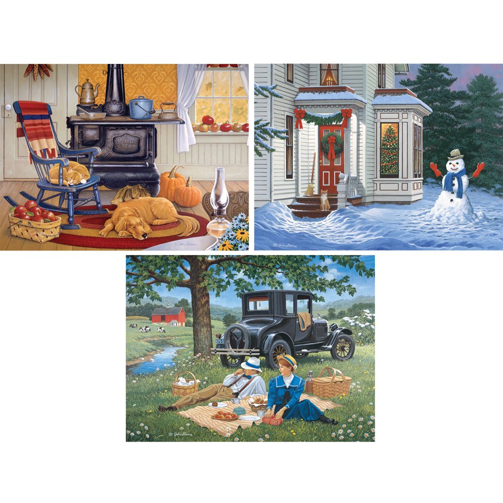 Bits and Pieces - Value Set of Three Large 300 Piece Jigsaw Puzzles for Adults - Seasons Themed Jigsaw Puzzles Designed by Artist John Sloane