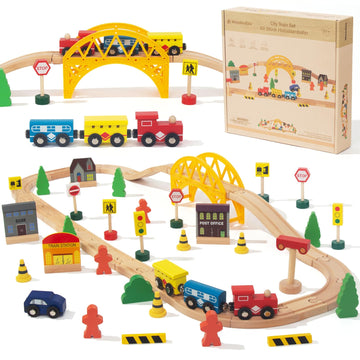 60Pcs Train Set for 3 Year Old Boys, Double-Side Wooden Train Set Tracks for Toddlers, Fits Brio, Thomas, Melissa and Doug, Kids Wood Train Toys for 3