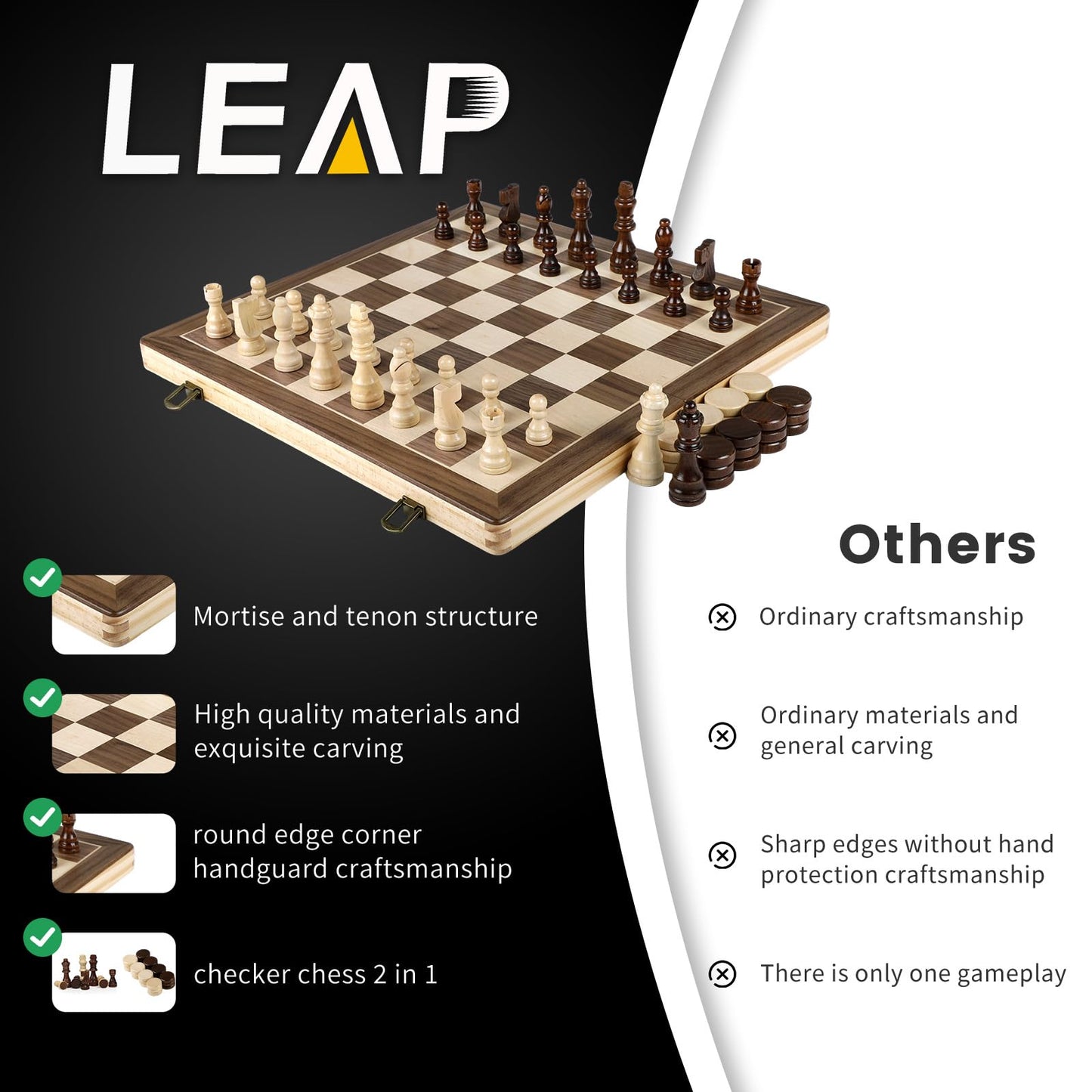 LEAP Wooden Chess and Checker Sets - 15" Walnut & Maple Folding Chess Board with 2 Extra Queens | Chess Board Set | Wooden Chess Sets for Adults