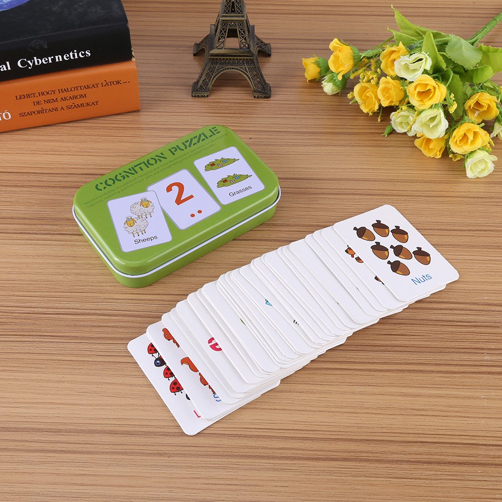 Fdit Early Learning Flash Cards with Iron Box, Educational Puzzle Cards for Toddlers, 30 Pieces, Green Box, Animal Shape Alphabet Word Recognition