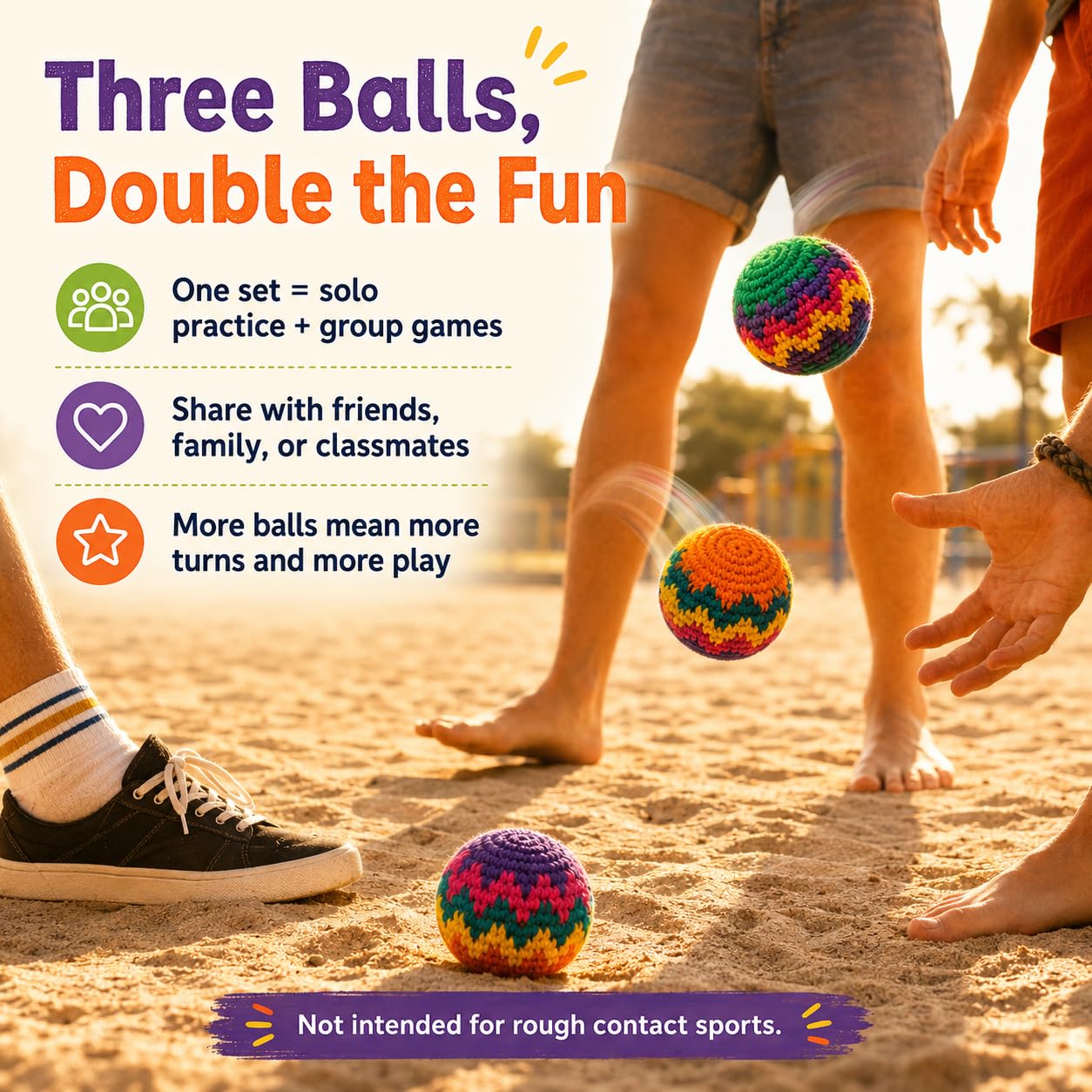 3 Pack Handmade Crochet Footbags, Hacky Kick Sack Balls, Assorted, 40g