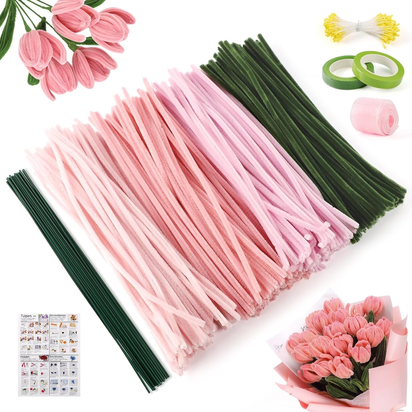 DVKKHD 400 Pcs Pink Pipe Cleaners Kit, 4 Colors Chenille Stems DIY Bouquet