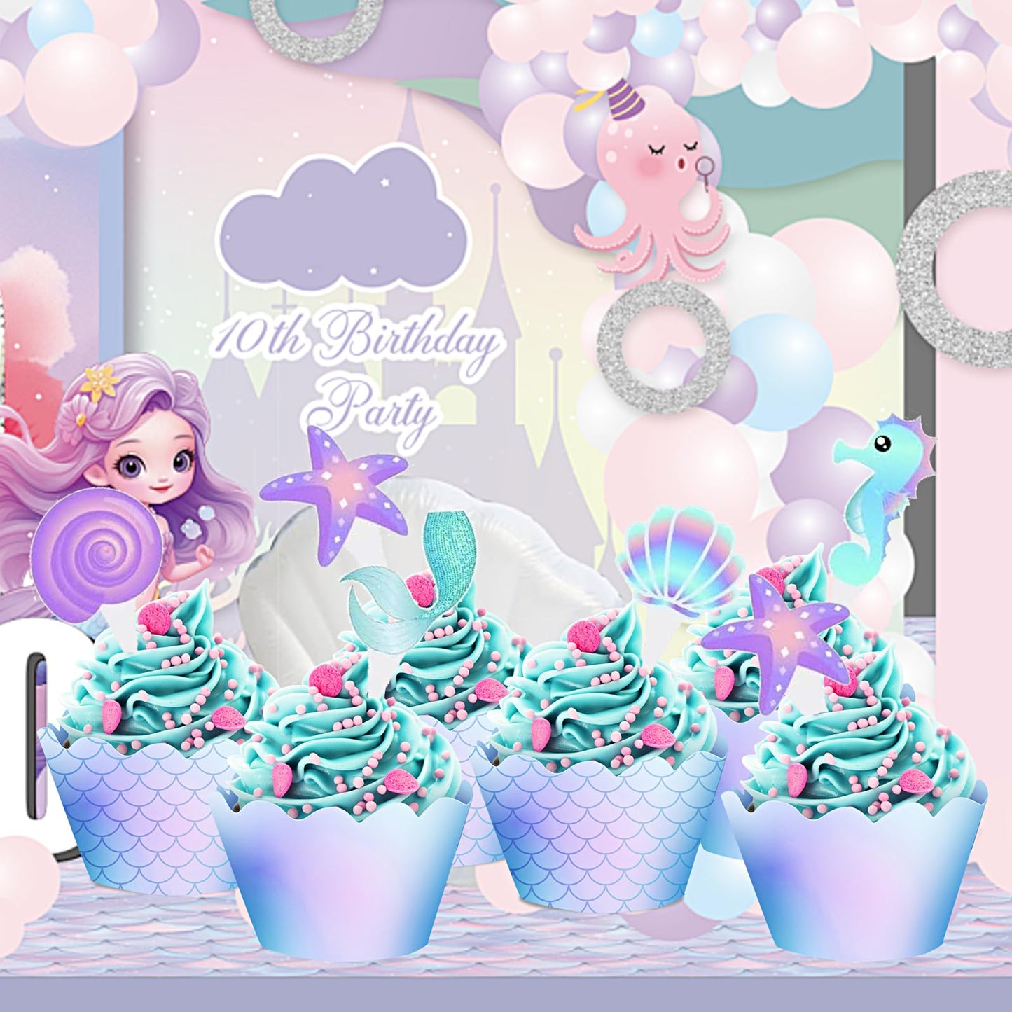 YOMINY Mermaid Cupcake Toppers and Wrappers, 40 pcs Double Side Little Mermaid Theme Decoration,Under The Sea Theme, Baby Shower Birthday Party Favor