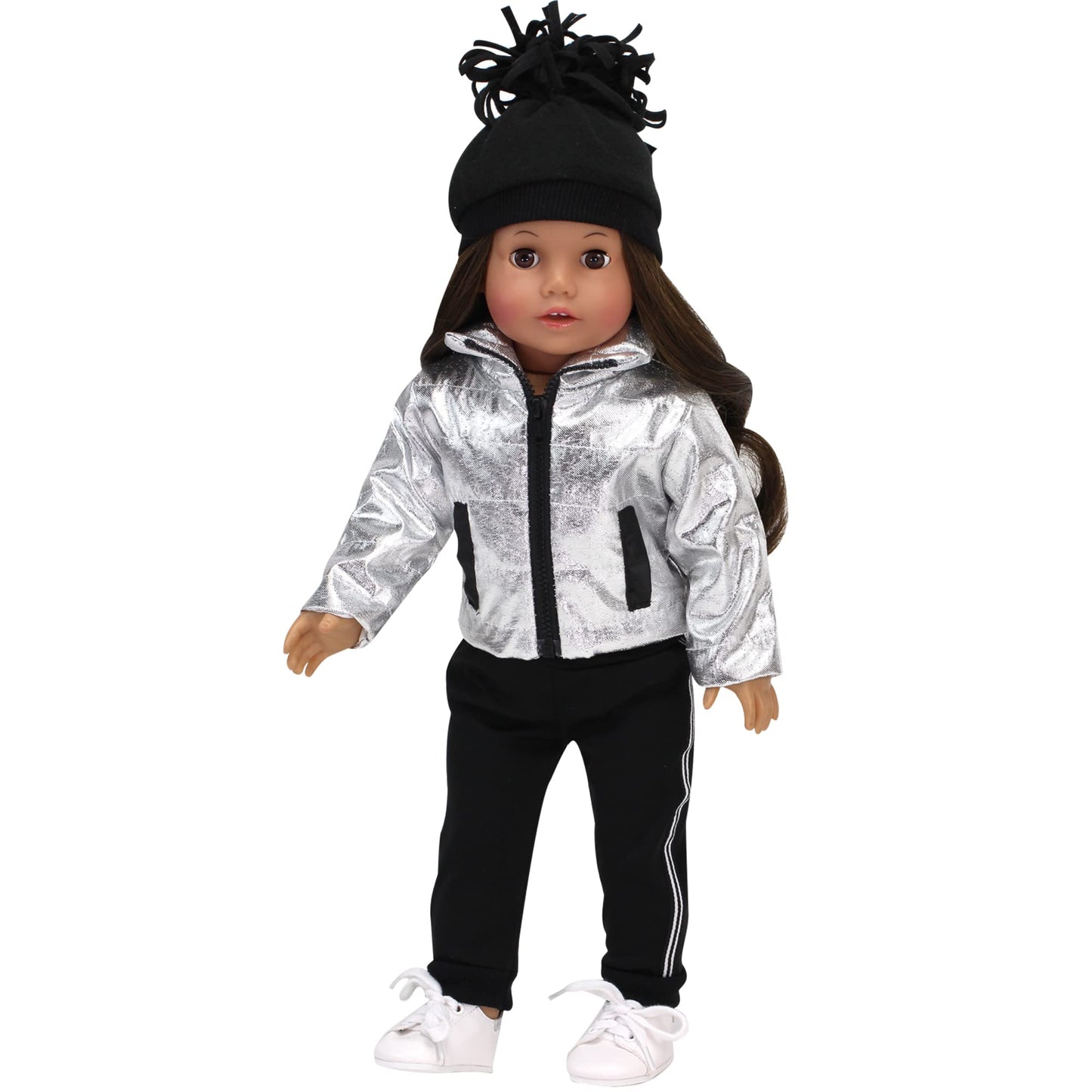 Sophia's 18" Doll Silver Metallic Jacket, Black Side Stripe Joggers, Knit Hat & Sneakers