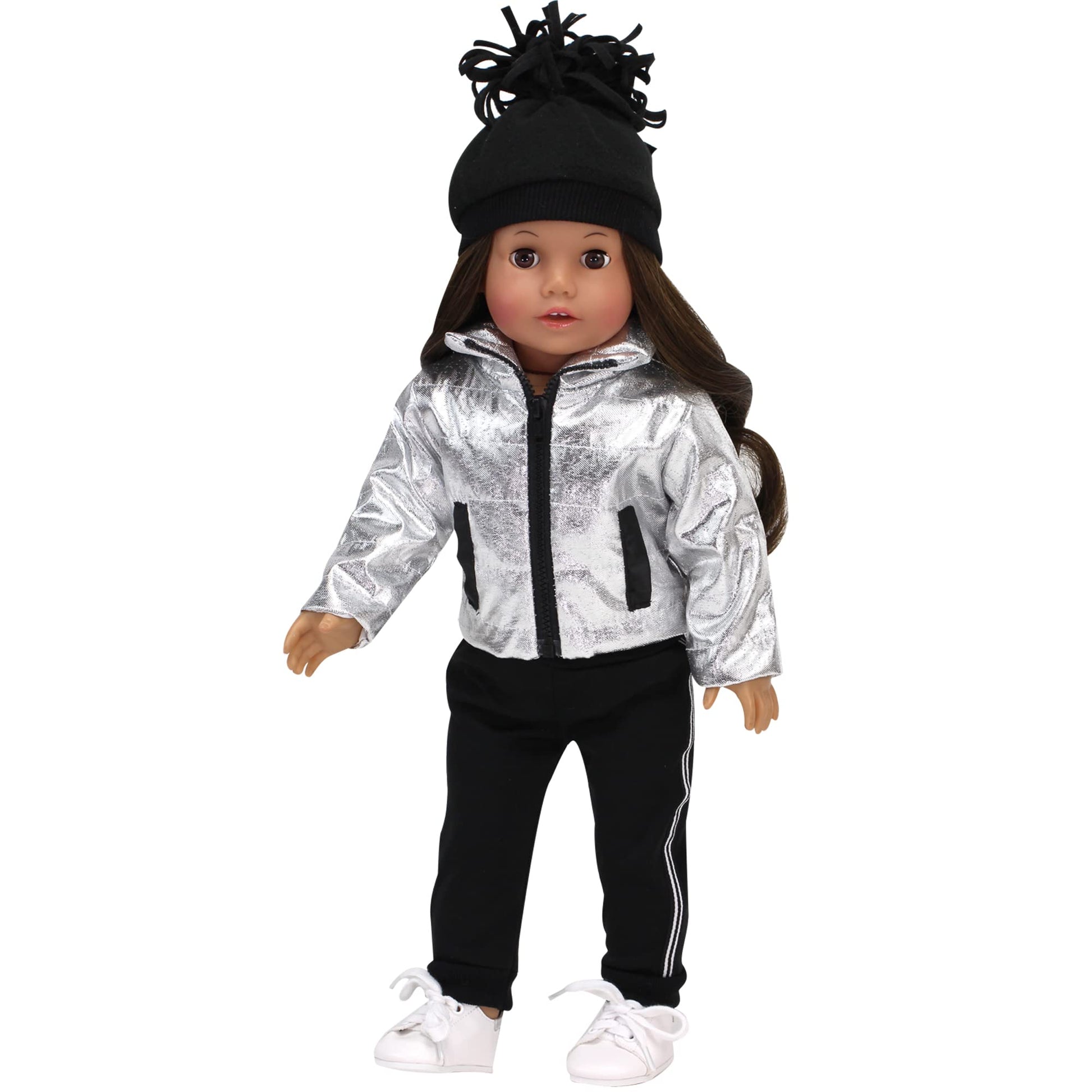 Sophia's 18" Doll Silver Metallic Jacket, Black Side Stripe Joggers, Knit Hat & Sneakers