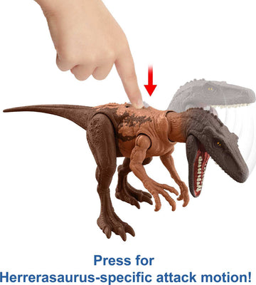 Mattel Jurassic World Strike Attack Dinosaur Toy with Single-Strike Action & Movable Joints, Herrerasaurus Action Figure Includes Digital Play