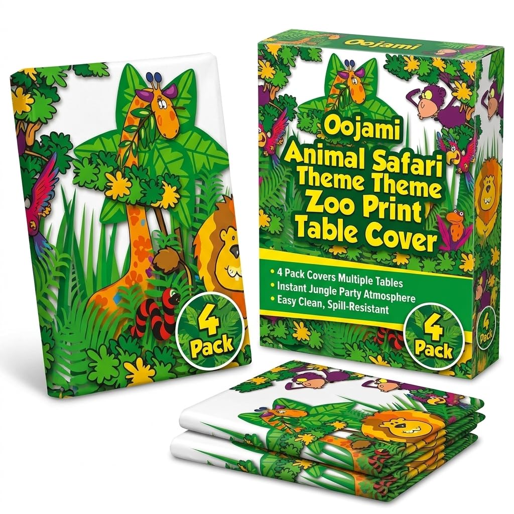 Oojami Animal Safari Theme Zoo Print Table Cover 4 Pack Tablecloth Party Supplies