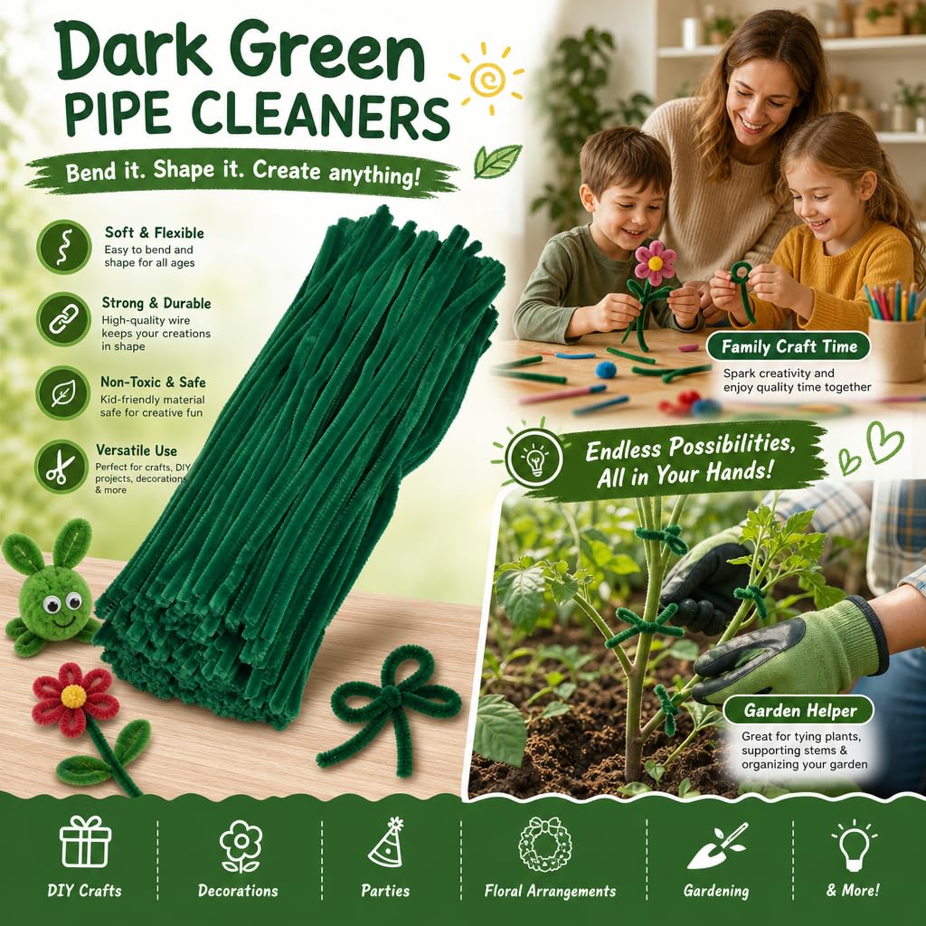200 Pieces Dark Green Pipe Cleaners Craft Bulk Art Chenille Stems for DIY Project Decorations