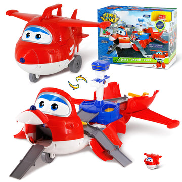 Super Wings Jett's Takeoff Tower 2-in-1 Airplane Toys Playset with 2" Jett Mini Figure Transform-a-Robots, Toys for Preschool Kids, Gifts for Boys