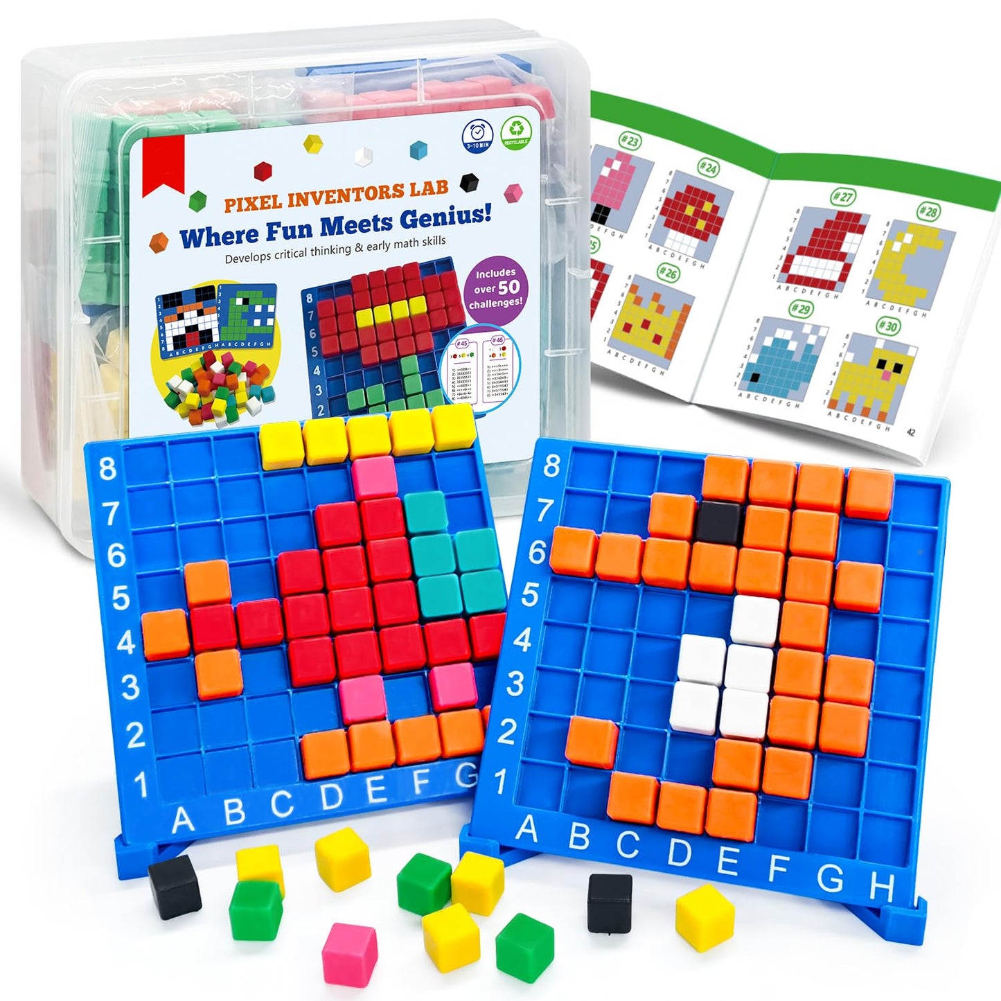 HEGYINI Pixel Art Kit for Kids Ages 5-8-12 - STEM Building Toy with 400+ Colorful Cubes & Challenge Cards | Fine Motor Skills, Math & Coding