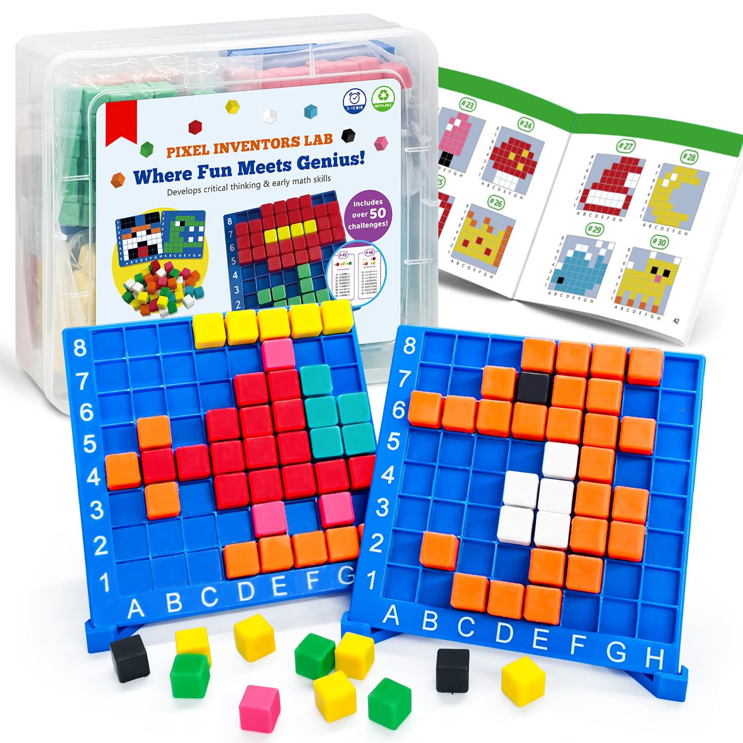 HEGYINI Pixel Art Kit for Kids Ages 5-8-12 - STEM Building Toy with 400+ Colorful Cubes & Challenge Cards | Fine Motor Skills, Math & Coding