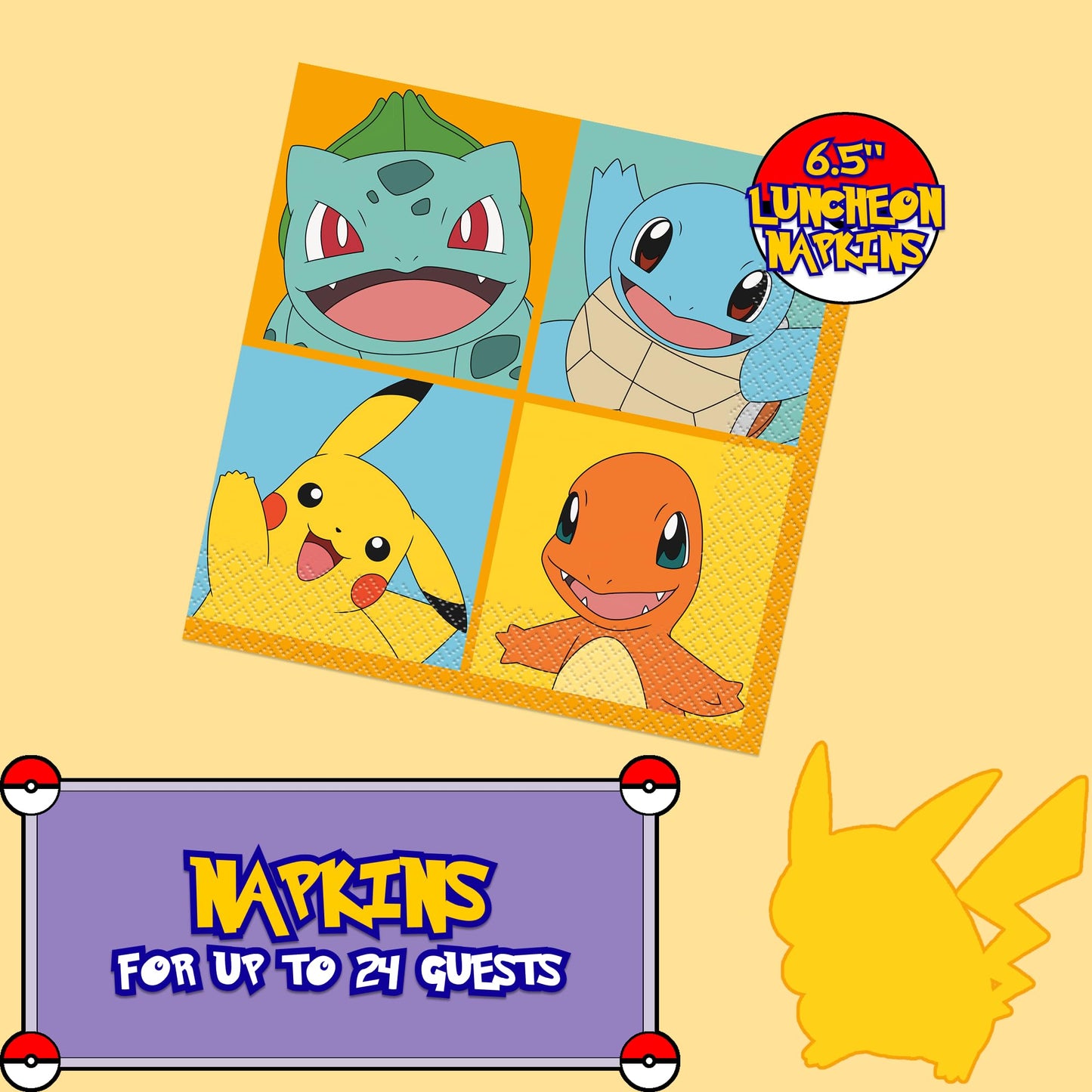 Unique Pokémon Party Supplies | Tableware Mega Party Set | Serves 24 | Officially Licensed | Plates, Napkins | Birthday Party Set For Kids, Boys