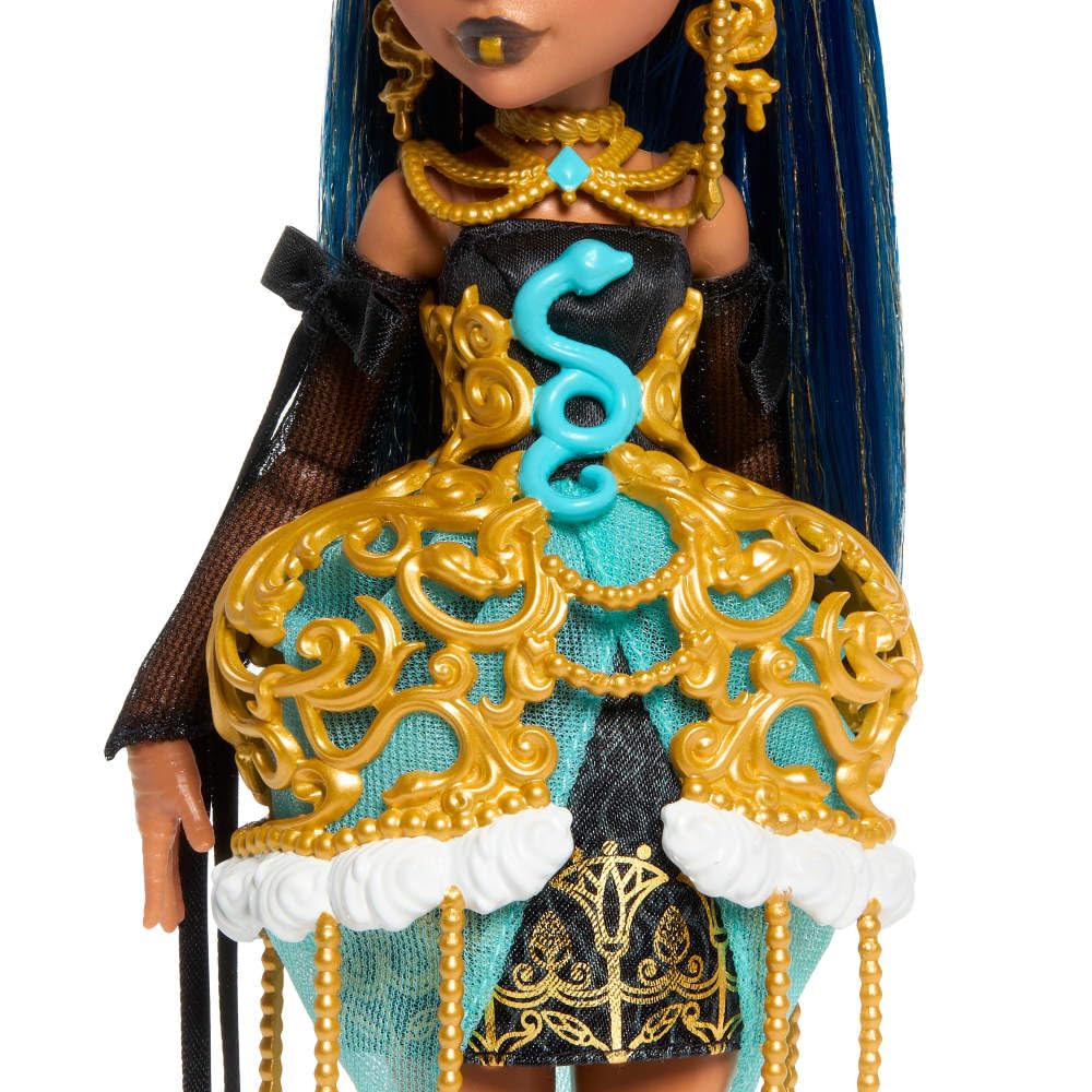 Monster High Scary Sweet Birthday Doll, Cleo De Nile in Golden Party Dress with Themed Accessories Like Invite, Balloon, Gift, Lipstick and More