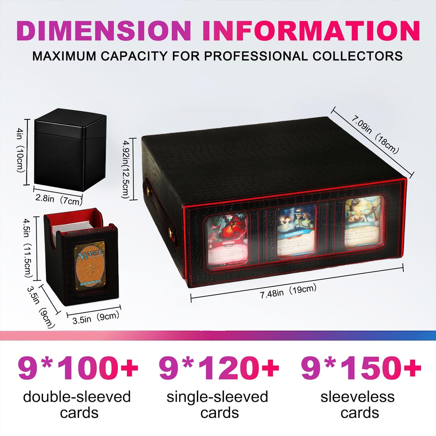 Scimi 9IN1 MTG Deck Box with Handle, Fits 1000 Trading Cards or 8 Commander Decks, Premium Black Red Leather TCG Storage Case with 8 Removable Trays