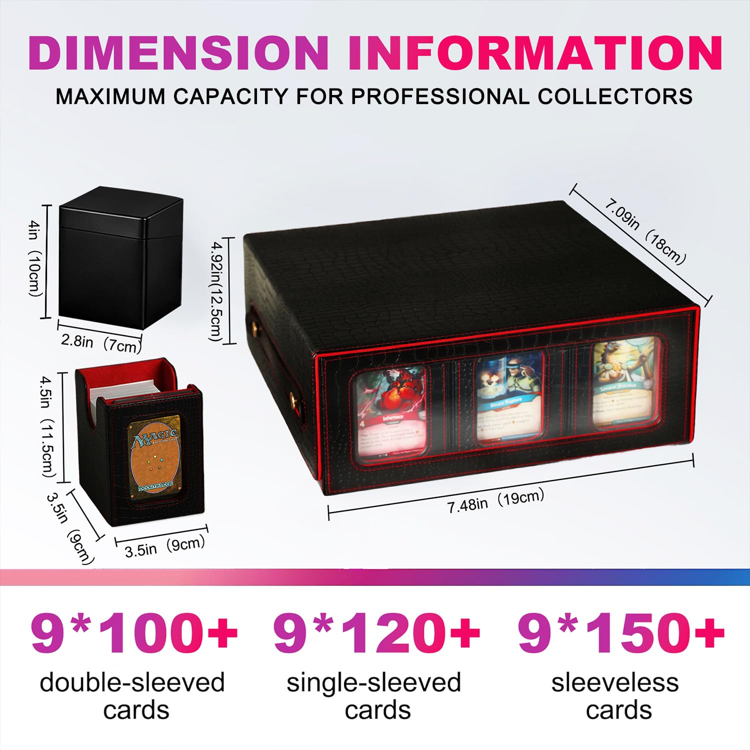 Scimi 9IN1 MTG Deck Box with Handle, Fits 1000 Trading Cards or 8 Commander Decks, Premium Black Red Leather TCG Storage Case with 8 Removable Trays