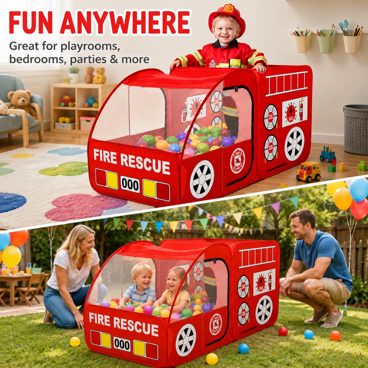 Kiddey Fire Truck Play Tent for Kids - Firetruck Tents with Sirens and Fireman Sound Button for Girls, Boys, & Toddlers Gifts - Red Fire Engine Pop Up