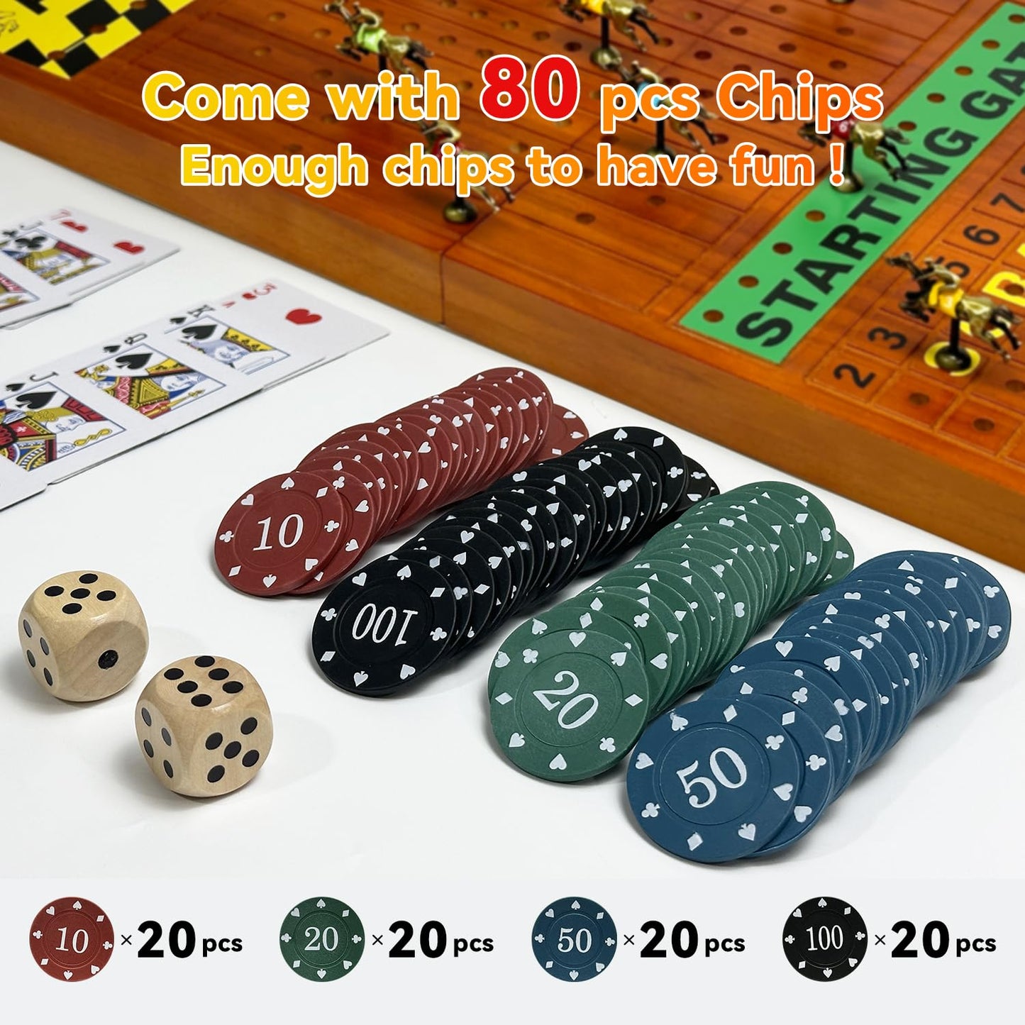 Large 23 inches Horse Race Board Game with Luxury Metal Numbered Horses, 4 in 1 Foldable Wood Horse Race Board Game with Dice Poker Chips/Chess