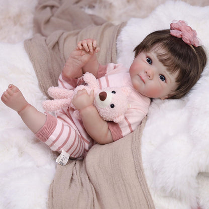 Tookyhill Baby Doll, 18 Inch Realistic Reborn Baby Doll, Weighted Soft Vinyl Body, Poseable Lifelike Newborn Doll with Striped Knitted Romper & Bear