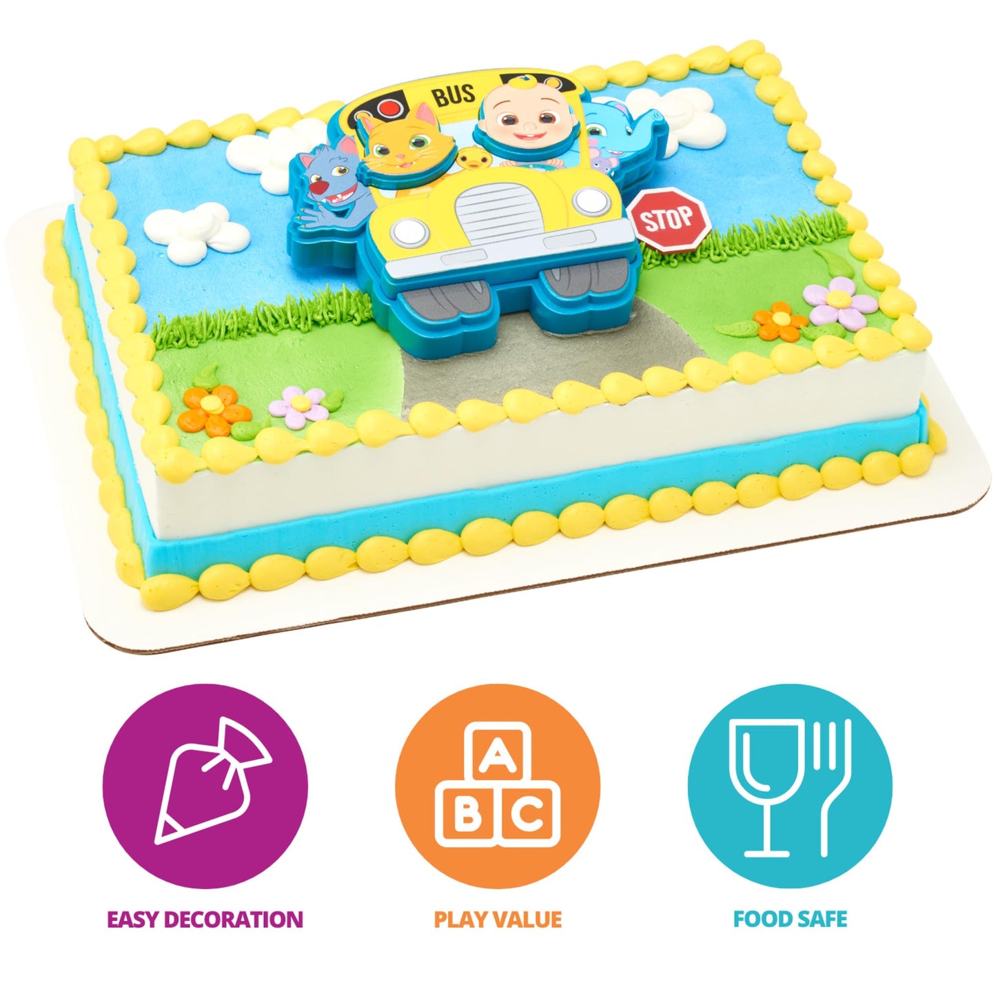 DECOPAC DecoSet CoComelon Ready for Adventure! Cake Topper, 4 Piece Cake Decoration Set With JoJo, Kittens, Wally, and Ello Puzzle Jigsaw (27978)