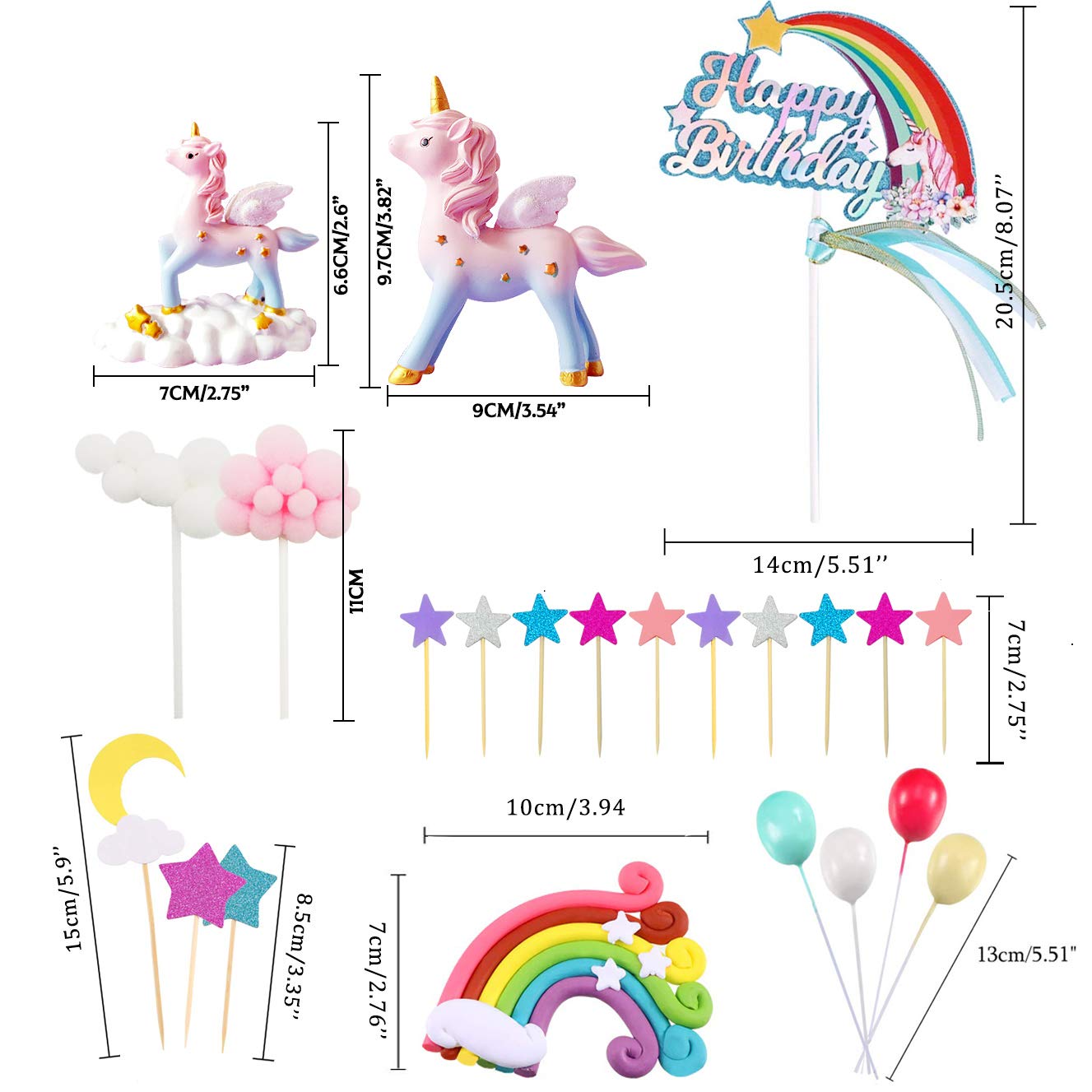 MOVINPE Unicorn Cake Topper, 2 Magic Unicorns Sculpture, 1 Rainbow, 1 Happy Birthday Banner, 2 Cloud, 4 Balloon, 12 Stars, 1 Moon, Cake Decoration