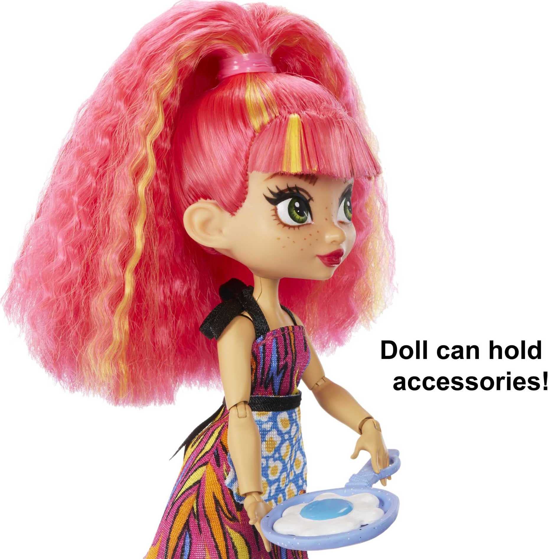 Mattel Cave Club Blazin' BBQ Adventure Playset with Emberly Doll (8 - 10-inch, Pink Hair), Dinosaur Pet and Storytelling Accessories with Cooking