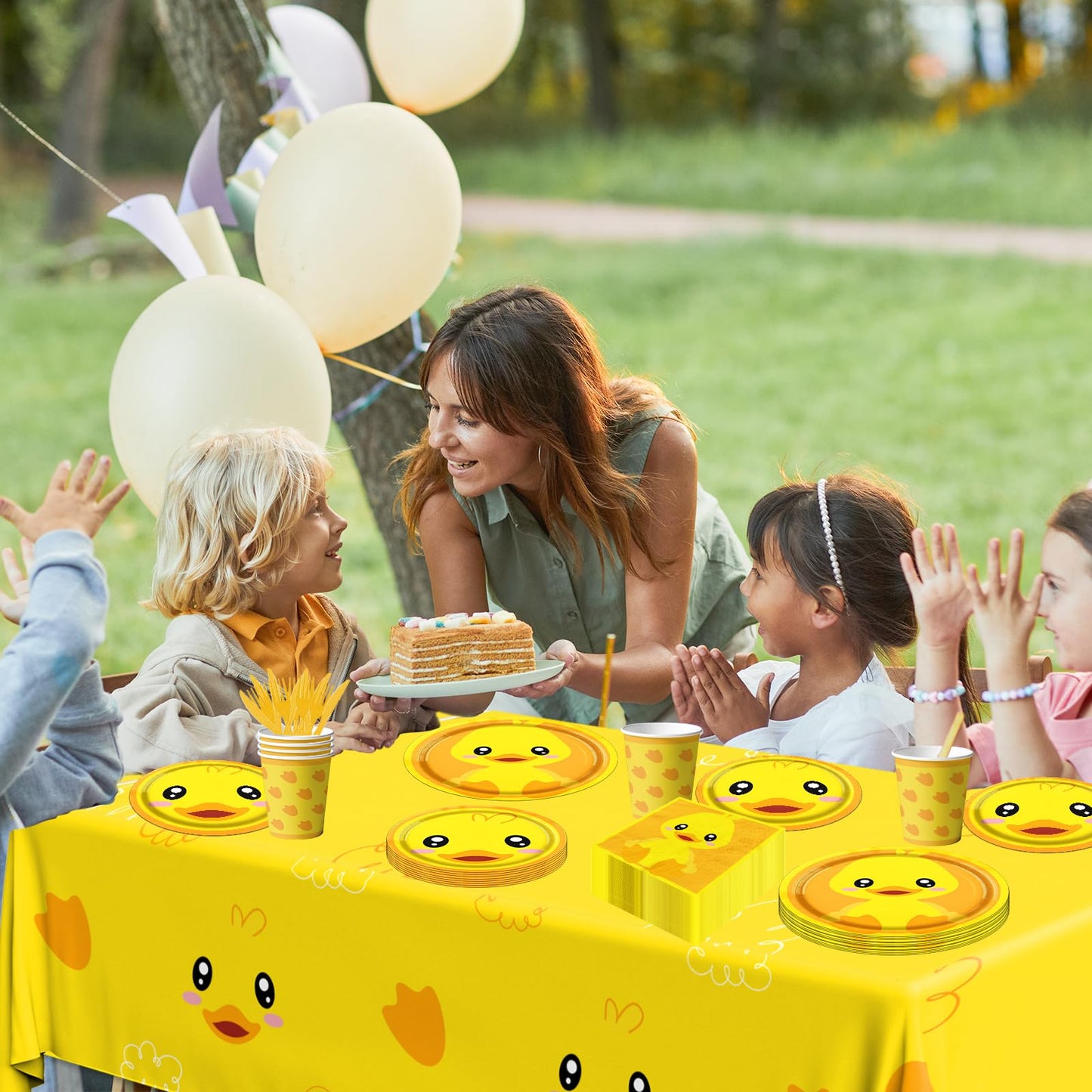 Rubber Duck Party Supplies,Happy Birthday Duckie Tableware Set Duck Plates Yellow Baby Shower Napkins Cups for Waddle It Be Gender Reveal Party,One