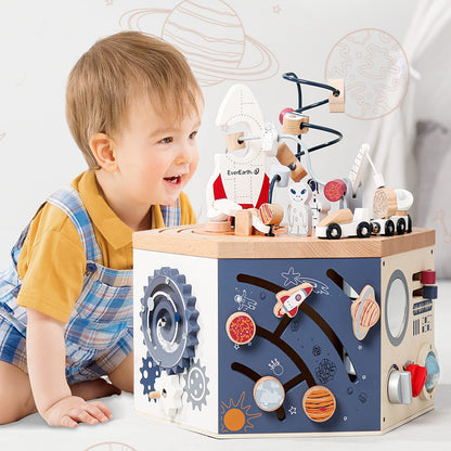 EverEarth Wooden Activity Cube with Bead Maze, Space Activity Cube for Toddlers 1-3 Girls Boys Multi Play Educational Learning Montessori Cube Toddler