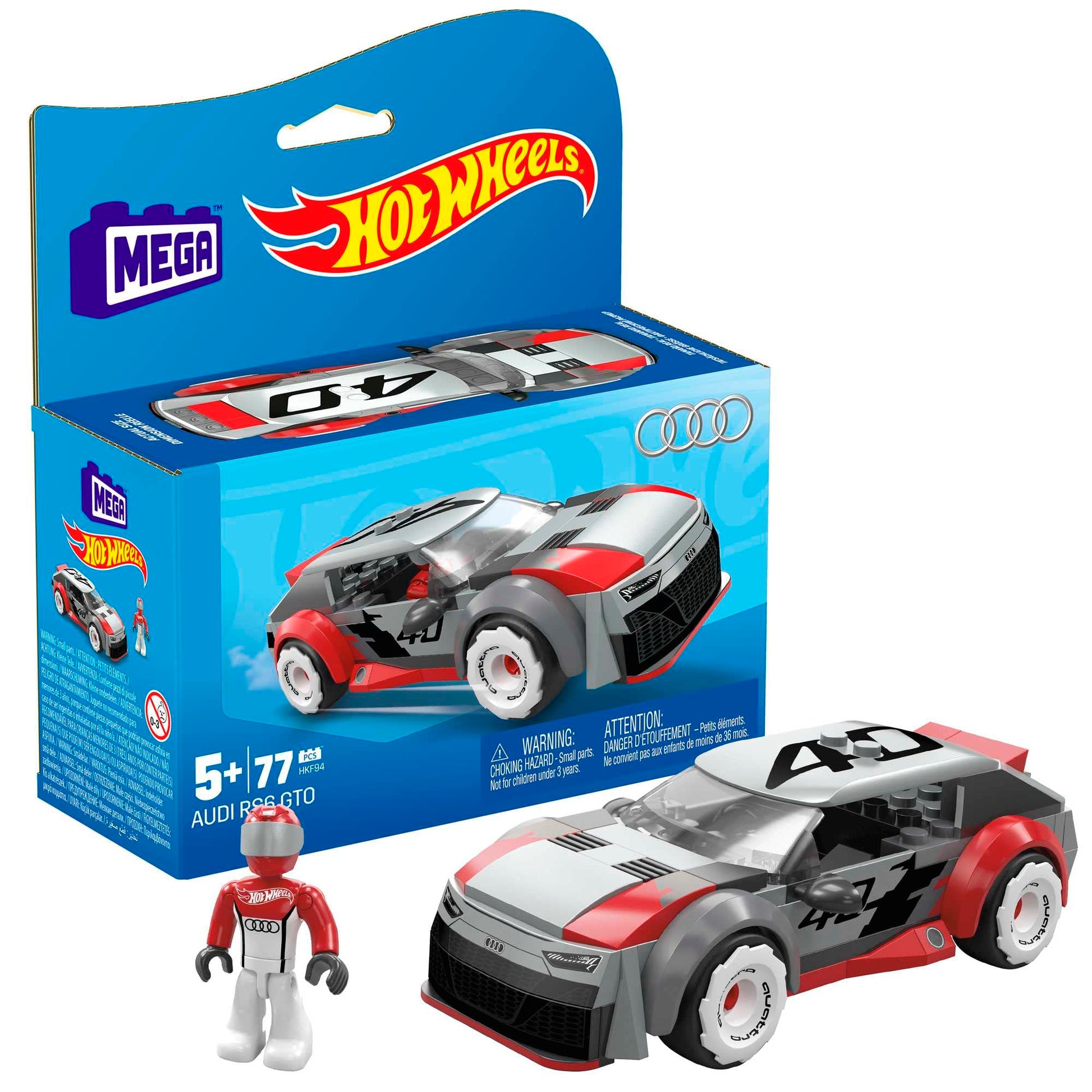 MEGA Hot Wheels Building Toy Race Car Playset, Audi RS 6 GTO Concept with 77 Pieces, 1 Micro Action Figure Driver, Grey, Kids Age 5+ Years