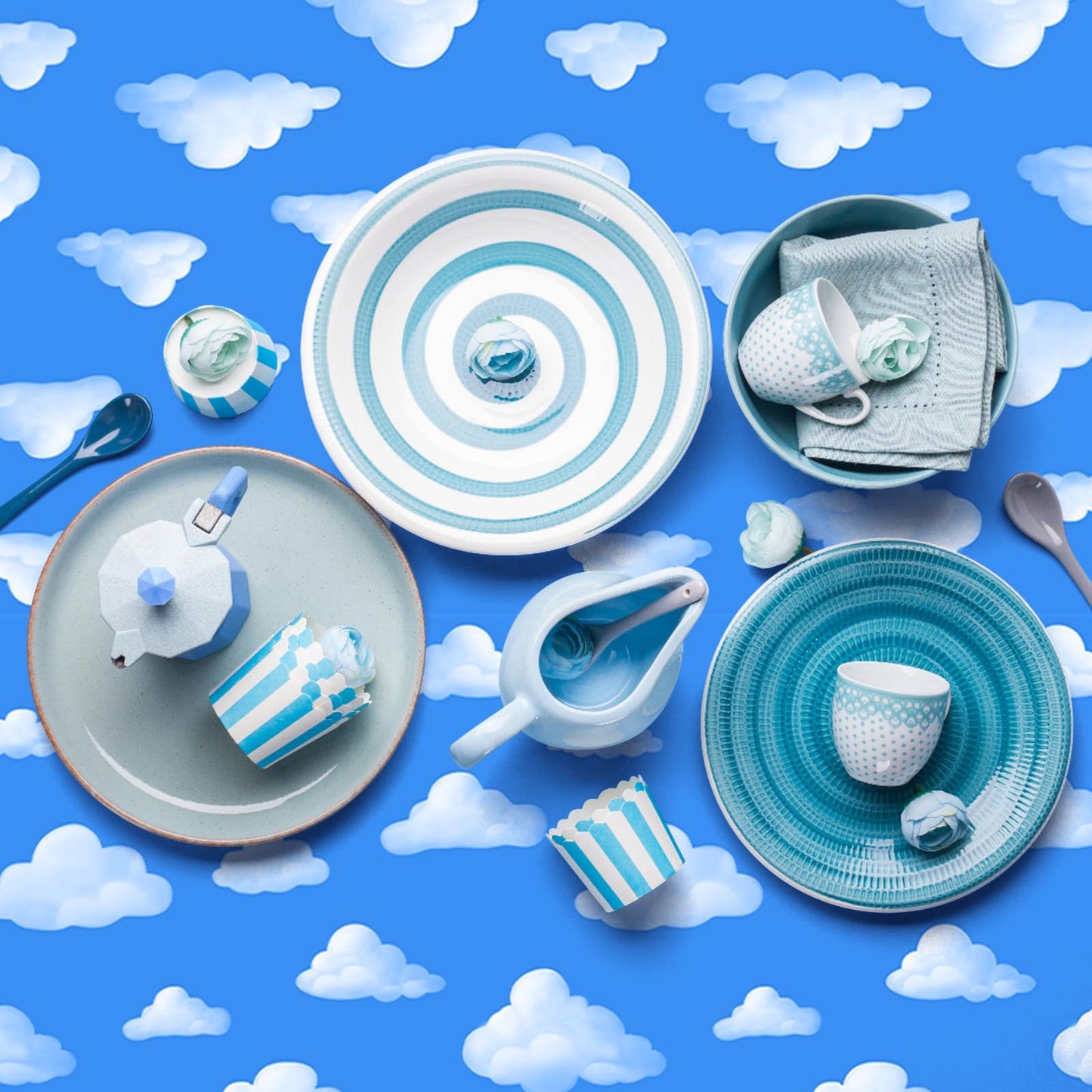 Temicle 3-Pack 54 x 108 Inch Cartoon Sky Tablecloths - Blue Sky and Cloud Disposable Plastic Covers for Kids Birthday, Baby Shower, and Party Supplies