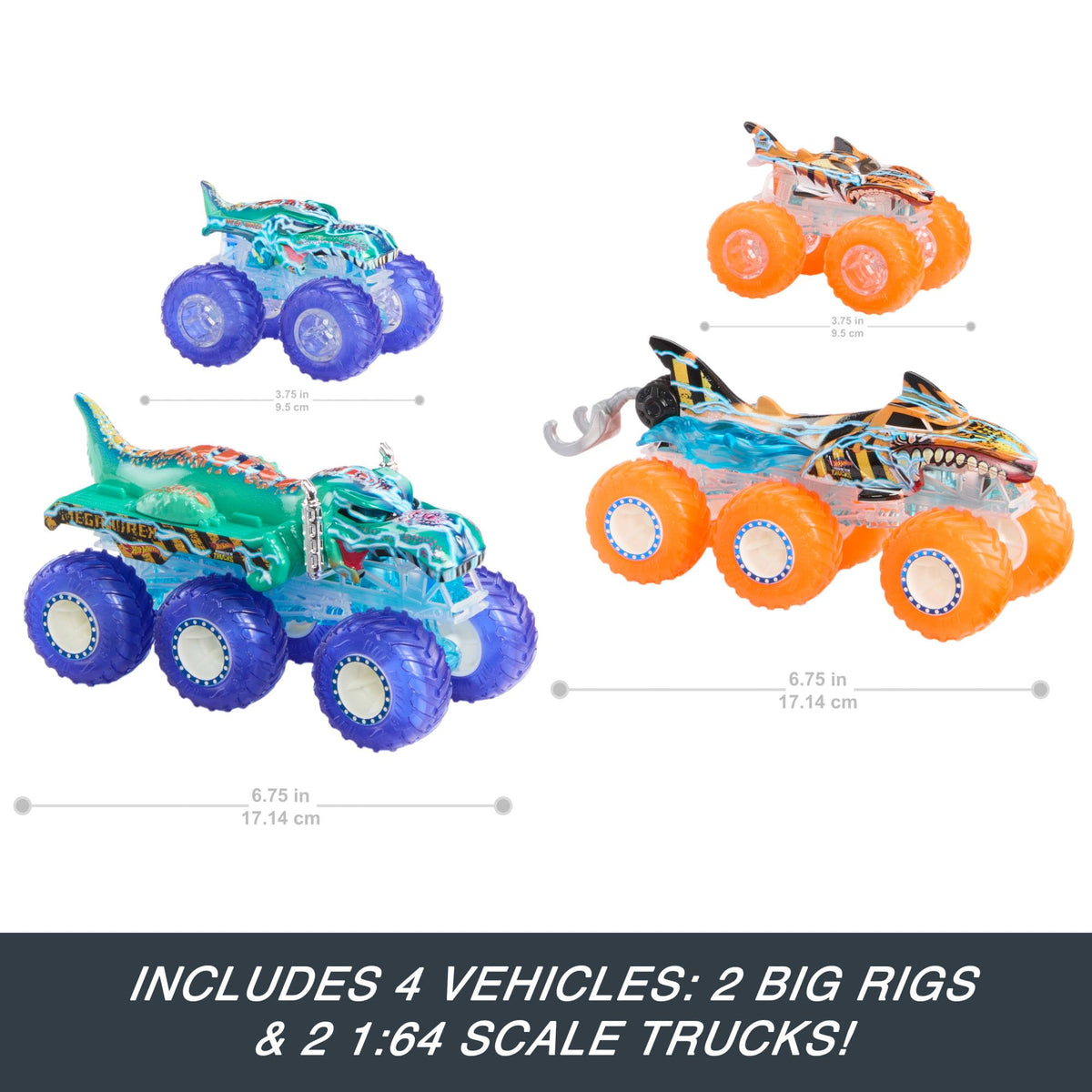 Hot Wheels Monster Trucks Multipack, 1:64 Scale Mega-Wrex & Tiger Shark Toy Trucks with Big Rigs in Matching Power Smashers Deco