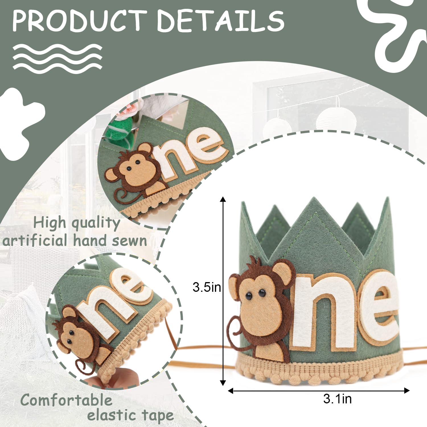 Agvgaza Monkey 1st Birthday Crown/Hat - Wild One Olive Green Safari Hat, Jungle Party Decor, Photo Prop for Boys