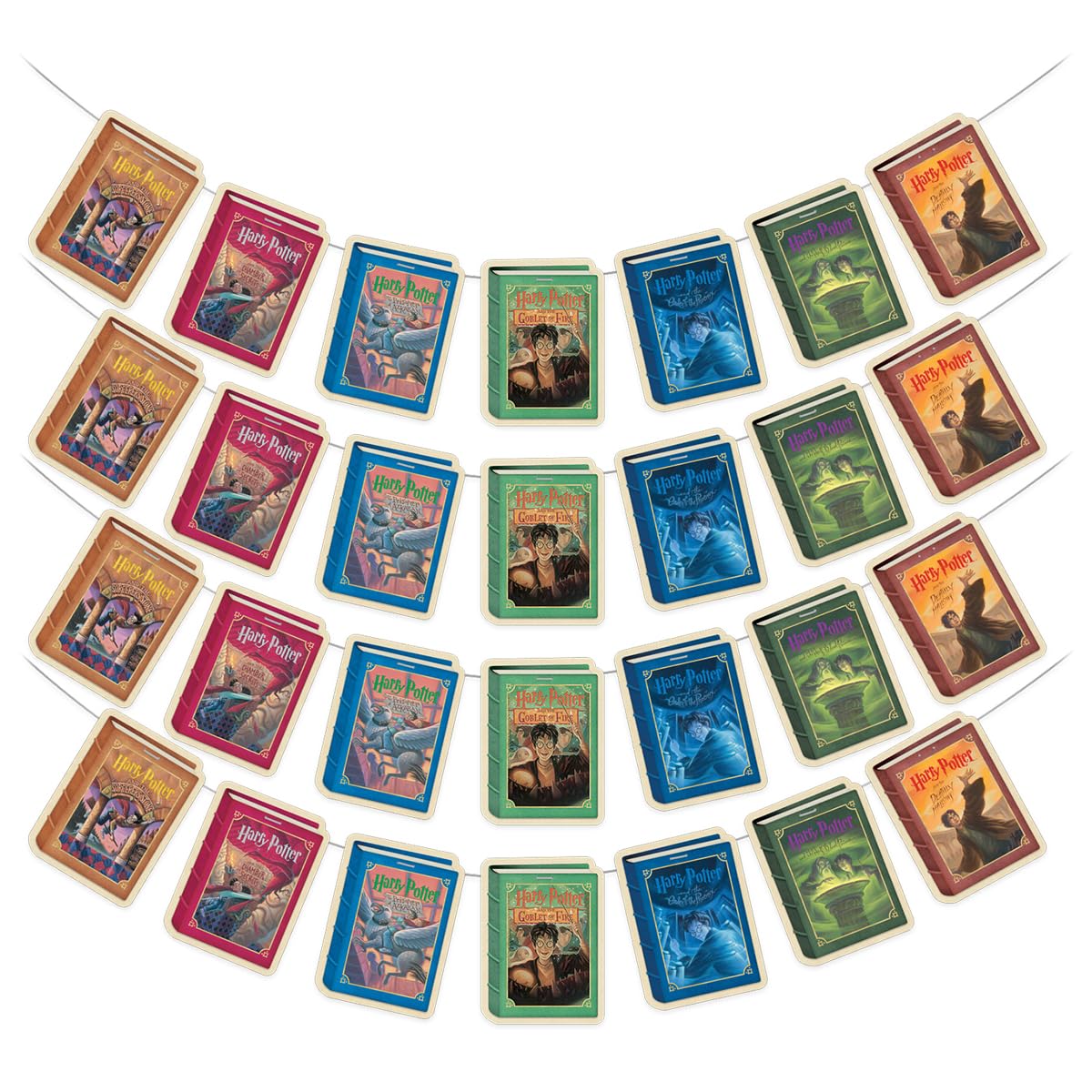 ConQuest Journals Harry Potter Literary Book Cover Art Hanging Cardstock Banners, 4 Strings of 7 Cards (28-Pieces), 5.5'' x 4'' Cards, 72'' Clear