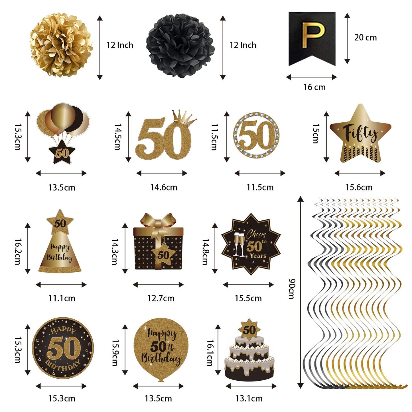 BRT Bearingshui Happy 50th Birthday Hanging Swirls Streamers Decoration Set, Happy Birthday Banner with Tissue Pompoms, Black and Gold 50 Years Old