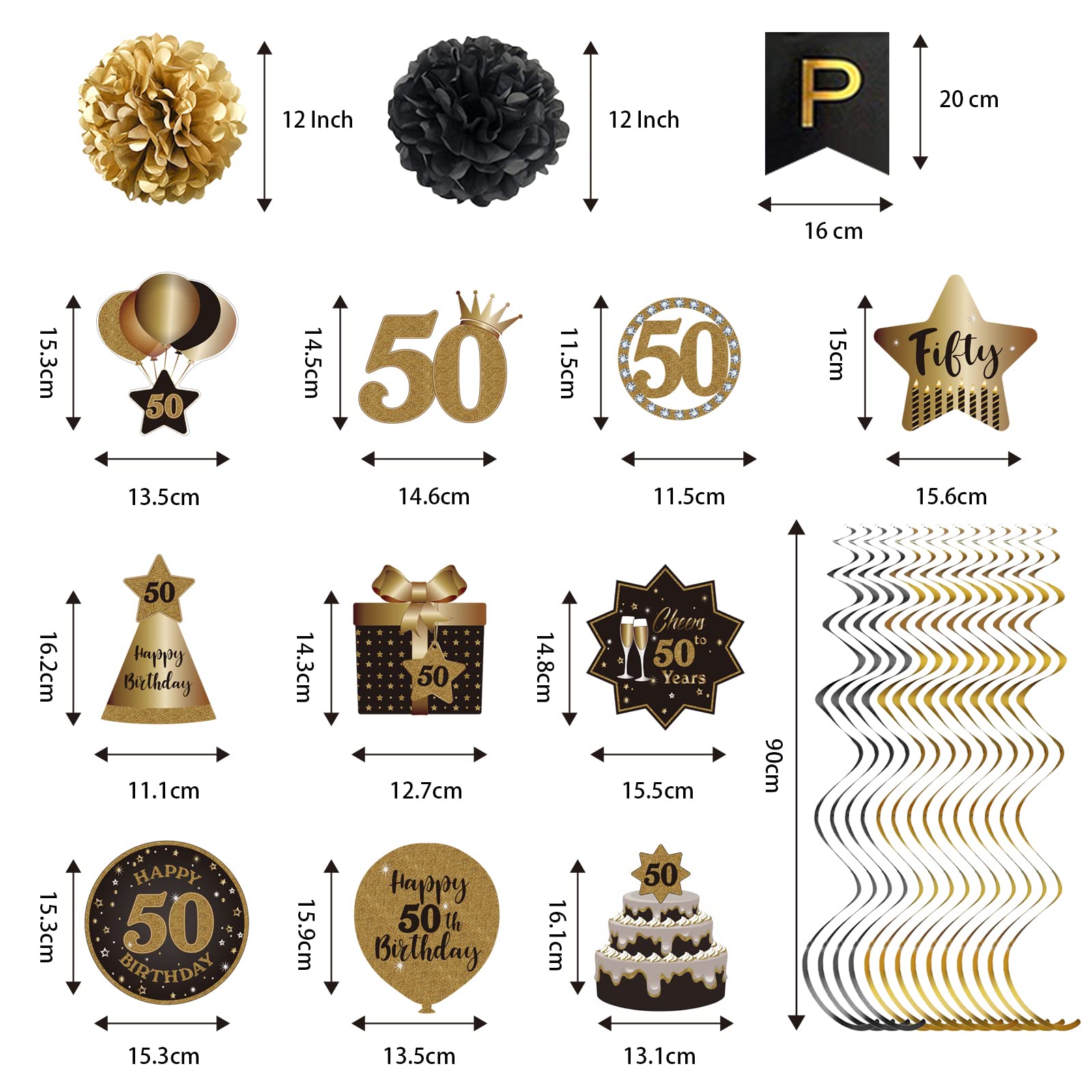 BRT Bearingshui Happy 50th Birthday Hanging Swirls Streamers Decoration Set, Happy Birthday Banner with Tissue Pompoms, Black and Gold 50 Years Old