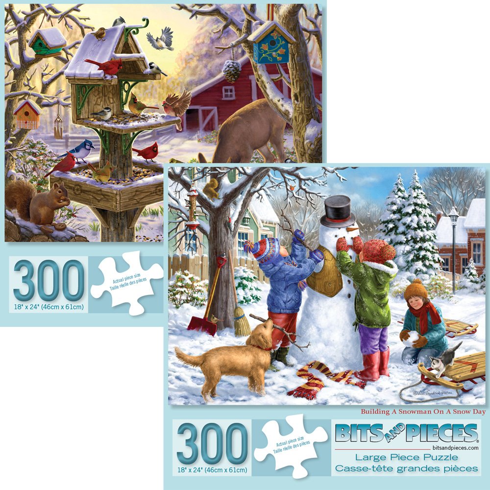 Bits and Pieces - Value Set of Two 300 Piece Jigsaw Puzzles for Adults - Building a Snowman on a Snow Day, Sunrise Feasting - Winter Snow Jigsaw
