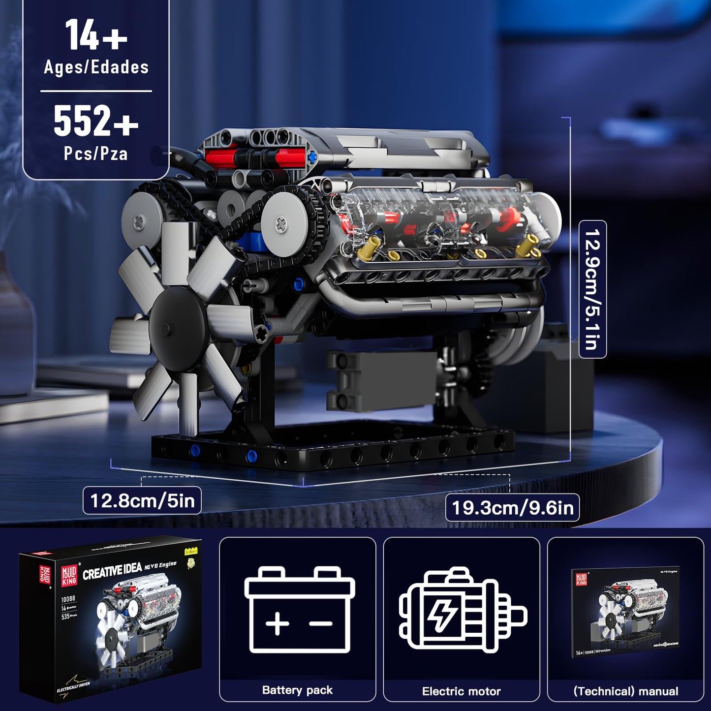 Mould King Visible V8 Engine Building Blocks V8 Motor Model Building Toys, V8 Combustion Engine Building Sets, Creative STEM Toys Building Kit