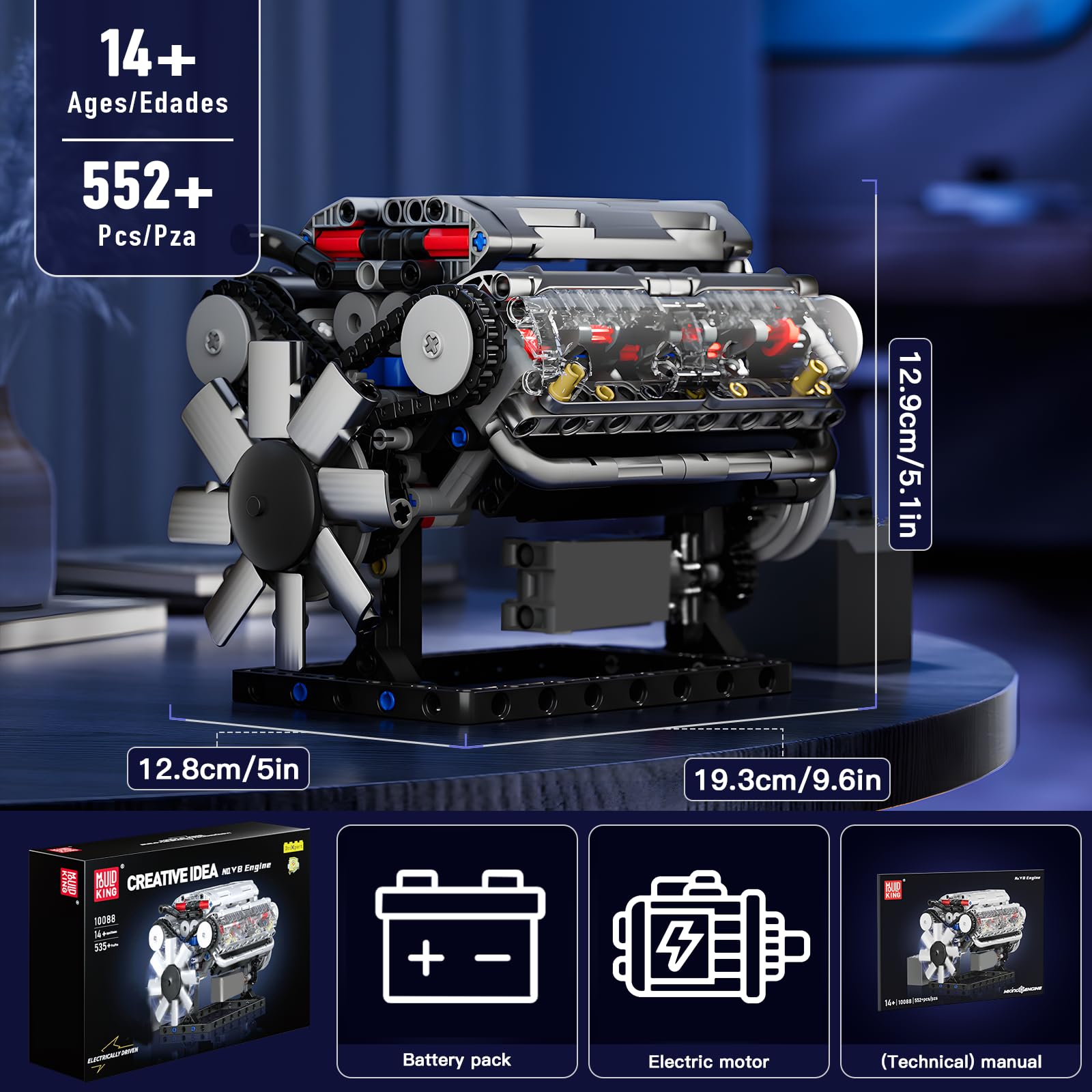 Mould King Visible V8 Engine Building Blocks V8 Motor Model Building Toys, V8 Combustion Engine Building Sets, Creative STEM Toys Building Kit