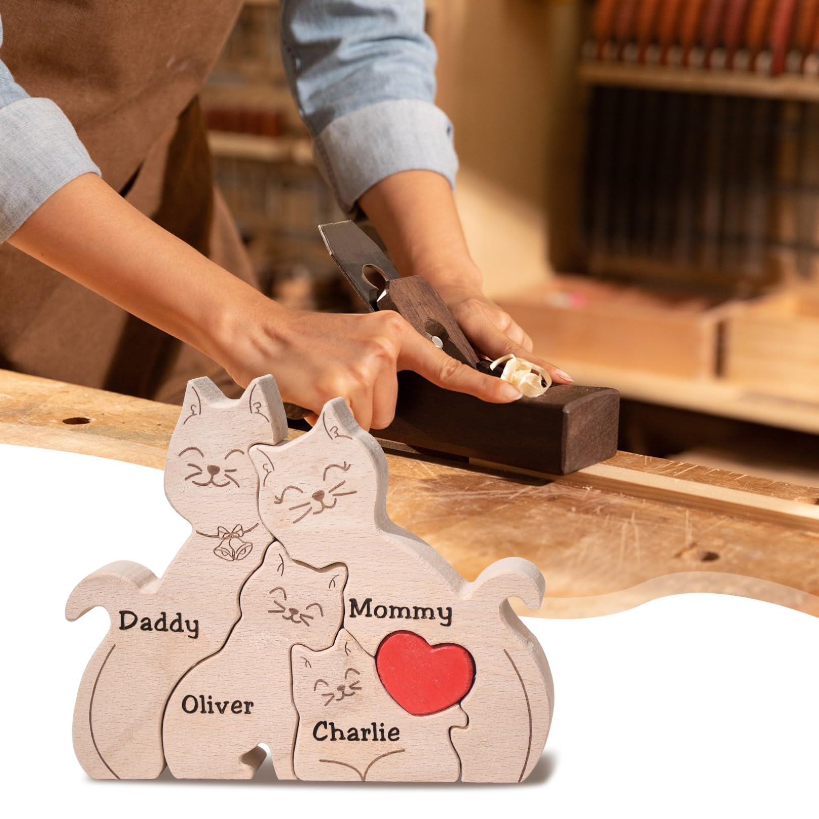 Personalized Name Wooden Cat Family Puzzle Customized Educational Toy Brain Teaser Game with Natural Wood Perfect Birthday Mother's Day for Family