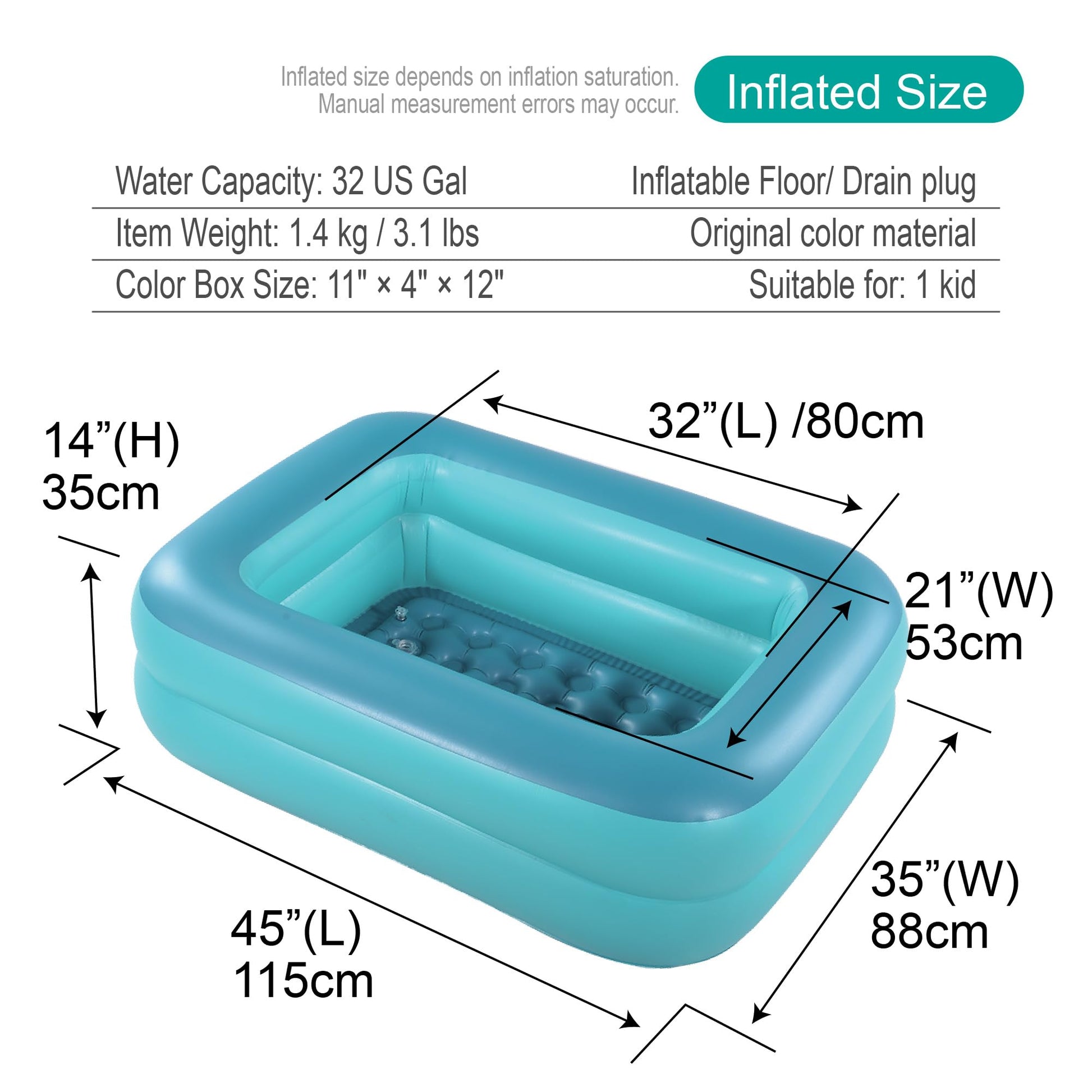 HIWENA Kiddie Pool, 45x35x14inch Green Inflatable Kids Swimming Pool with Fast Valve, Repair Patch & Drain Plug, Summer Water Fun Bathtub & Ball Pit