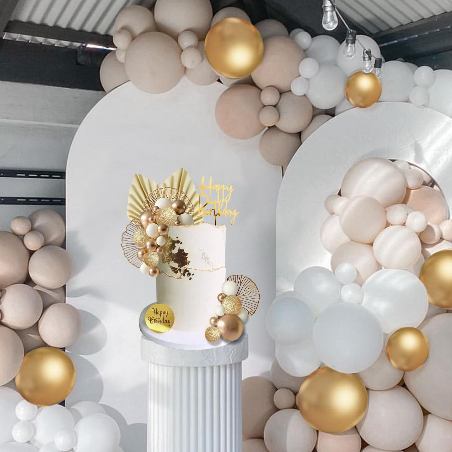 White Gold Balls Cake Toppers Balls Birthday Cake Decorations for Birthday Boho Wedding Baby Shower Party Decoration (White Gold)
