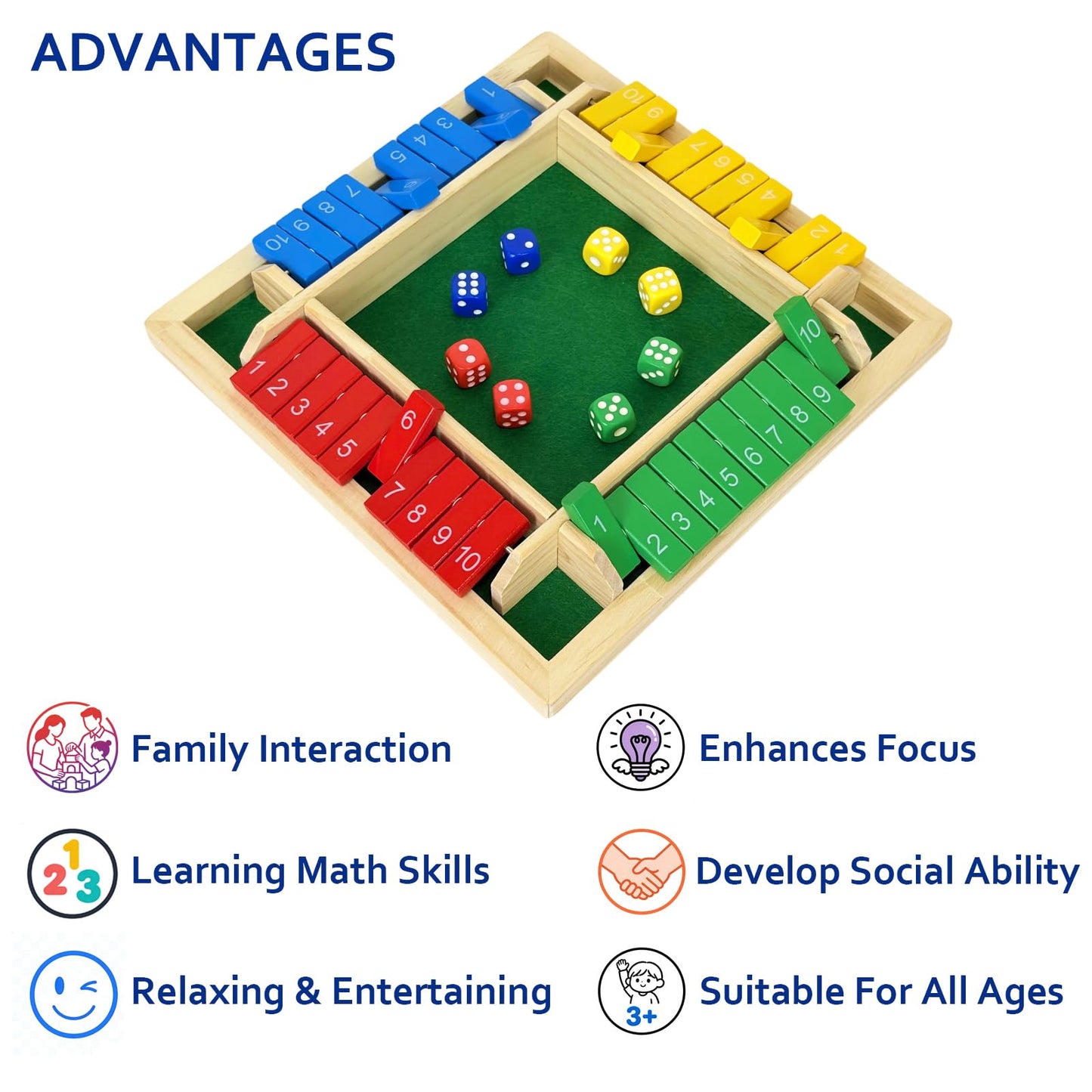 Shut The Box Dice Game 4 Player, Wooden Board Table Games for Kids and Adults, Addition Math Games for Family, Classroom, Party or Bar (10 Numbers)