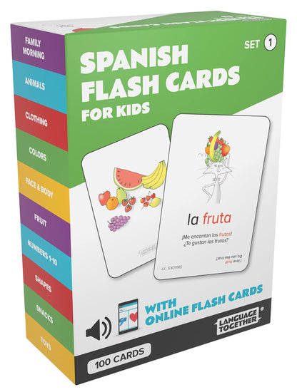 Spanish Flash Cards for Kids: 100 First Spanish Words with Online Audio - Learn Colors, Shapes, Numbers 1-10, Animals and More Beginner, Everyday