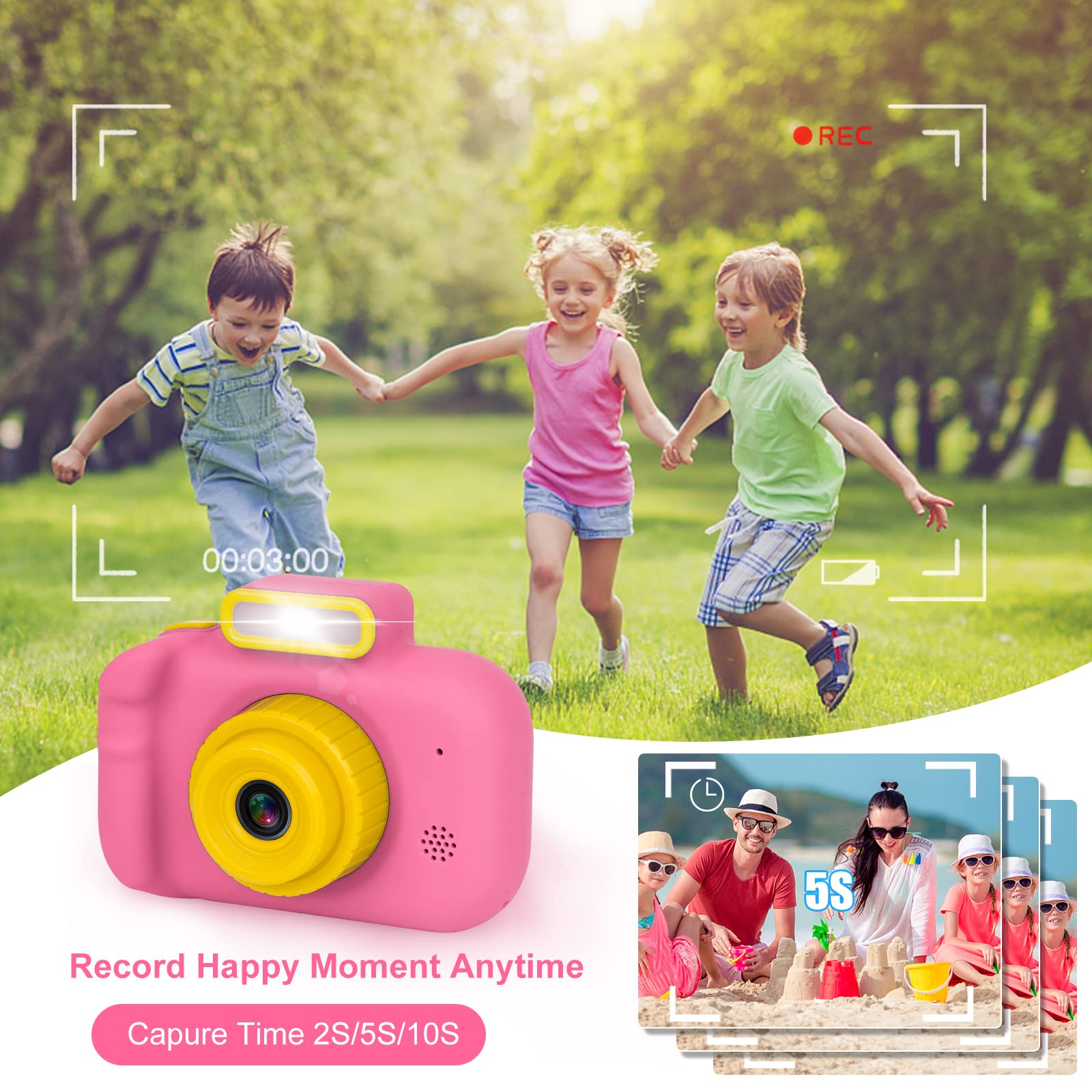 Kids Camera, Toddler Selfie Digital Pink Camera Birthday Toys Gift for Girls Age 3-9, Portable Kids HD Digital Video Recorder with 32G SD Card, Toys