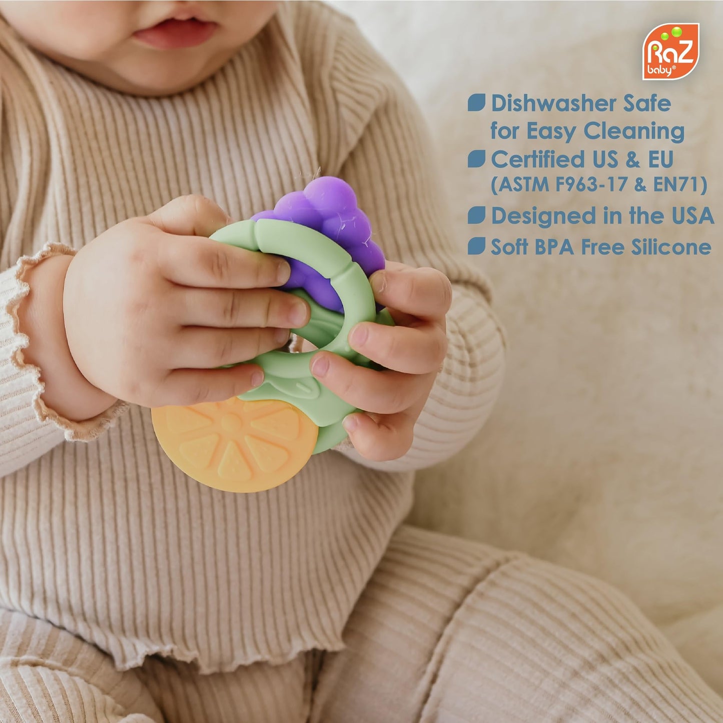 RaZbaby Fruitique Infant & Baby Massager & Teether Toy 3-Pack, Fruit-Shaped Multi-Texture Teethers Soothe Sore Gums, Non-Toxic BPA-Free Food-Grade