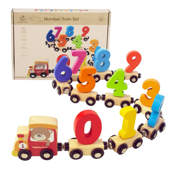 WOODENFUN Number Train Set for 1 2 3 Year Olds, Educational Toy Cars for Toddlers, Montessori Learning Toys for Boys and Girls