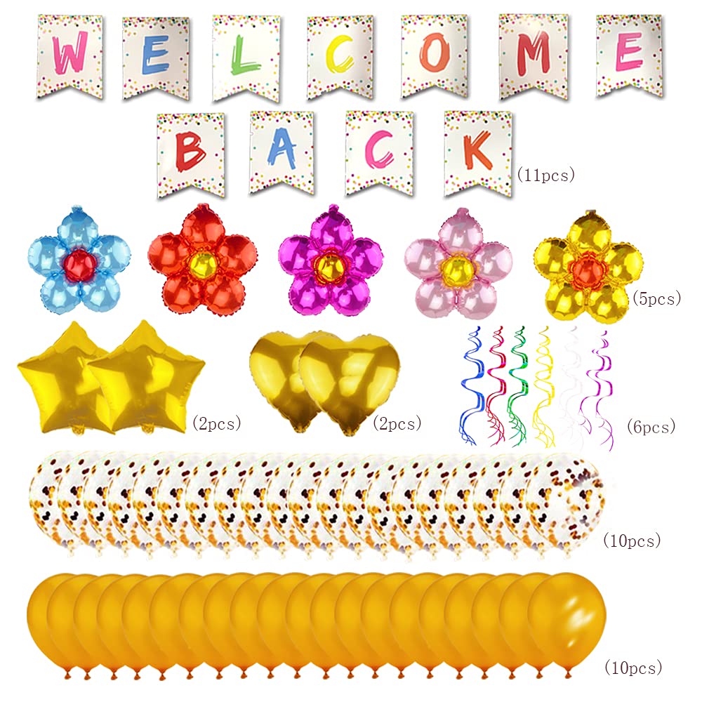 Welcome Back Sign Banner Decoration Kit Including Welcome Back Banner Flower Star Heart Shape Balloons Gold Confetti Glitter Balloons and Hanging
