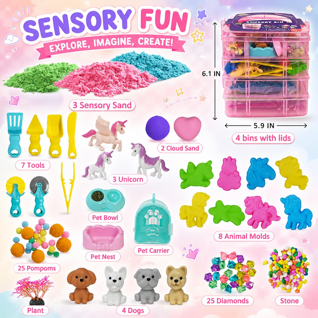AGENTLAN Stackable Sensory Bin, Unicorn & Pet Sensory Sand Play Set